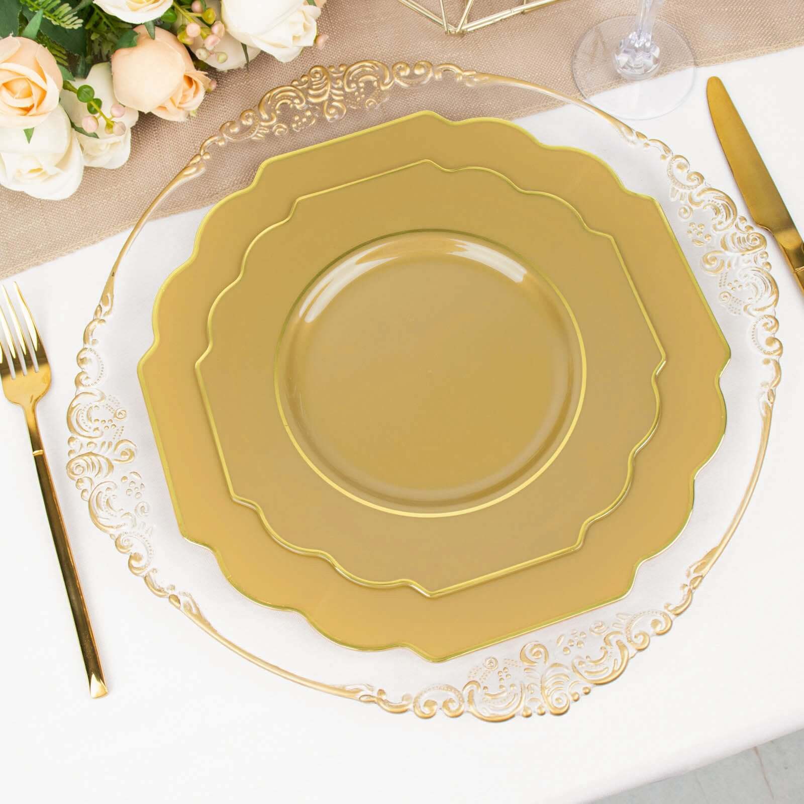 10-Pack Plastic Dinner Plates in Gold Baroque Design with Scalloped Gold Rim - Heavy Duty Disposable Party Plates for Events & Banquets 11