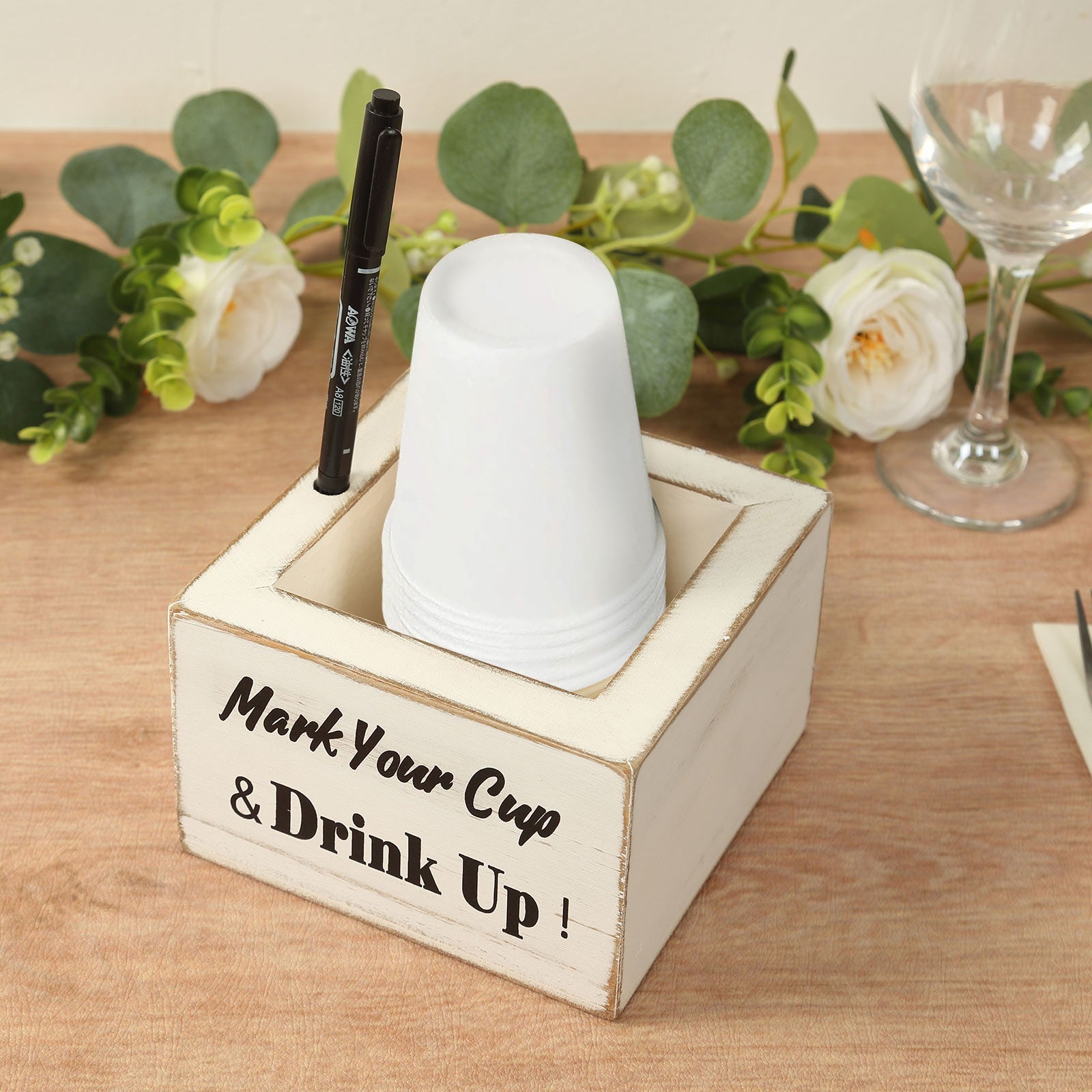 Rustic Wooden Solo Cup Holder Whitewashed with Black Marker - Farmhouse Party Dispenser Box 5.5