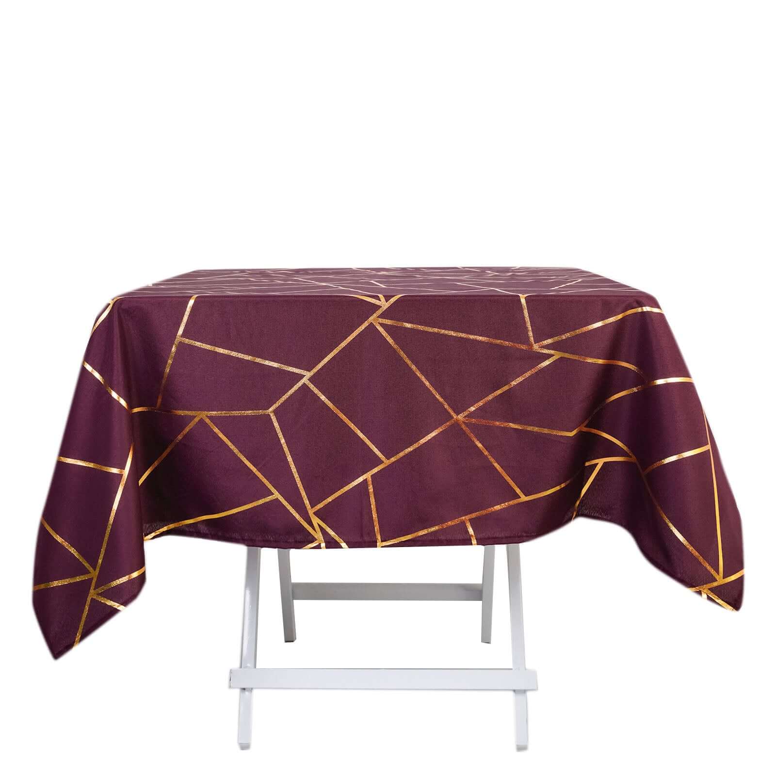 Polyester 54x54 Square Tablecloth Burgundy with Gold Foil Geometric Pattern - Wrinkle-Resistant & Durable Table Cover