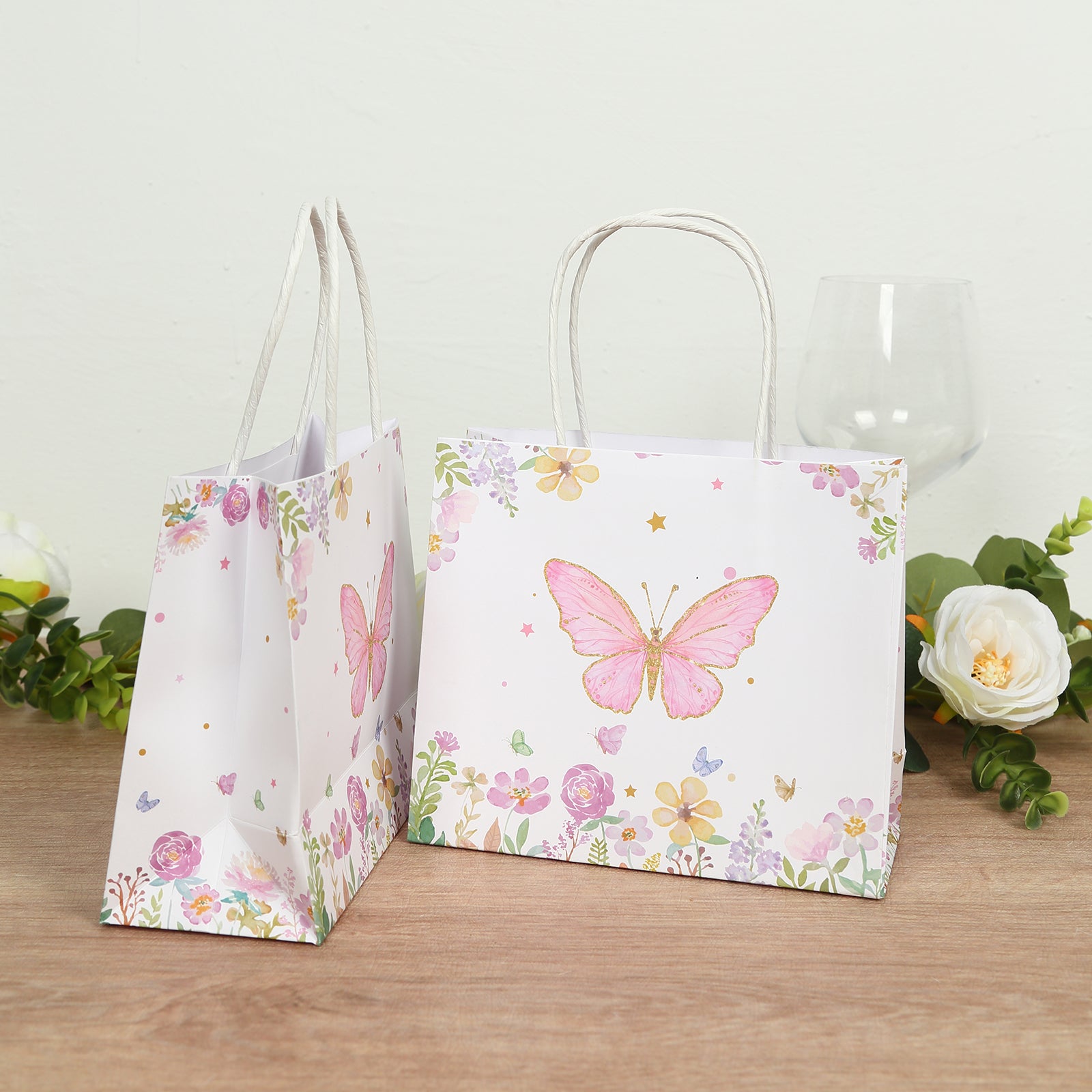 12 Pack Pink Glitter Butterfly Paper Favor Bags with Handles, Floral Print White Goodie Gift Bags - 6x7