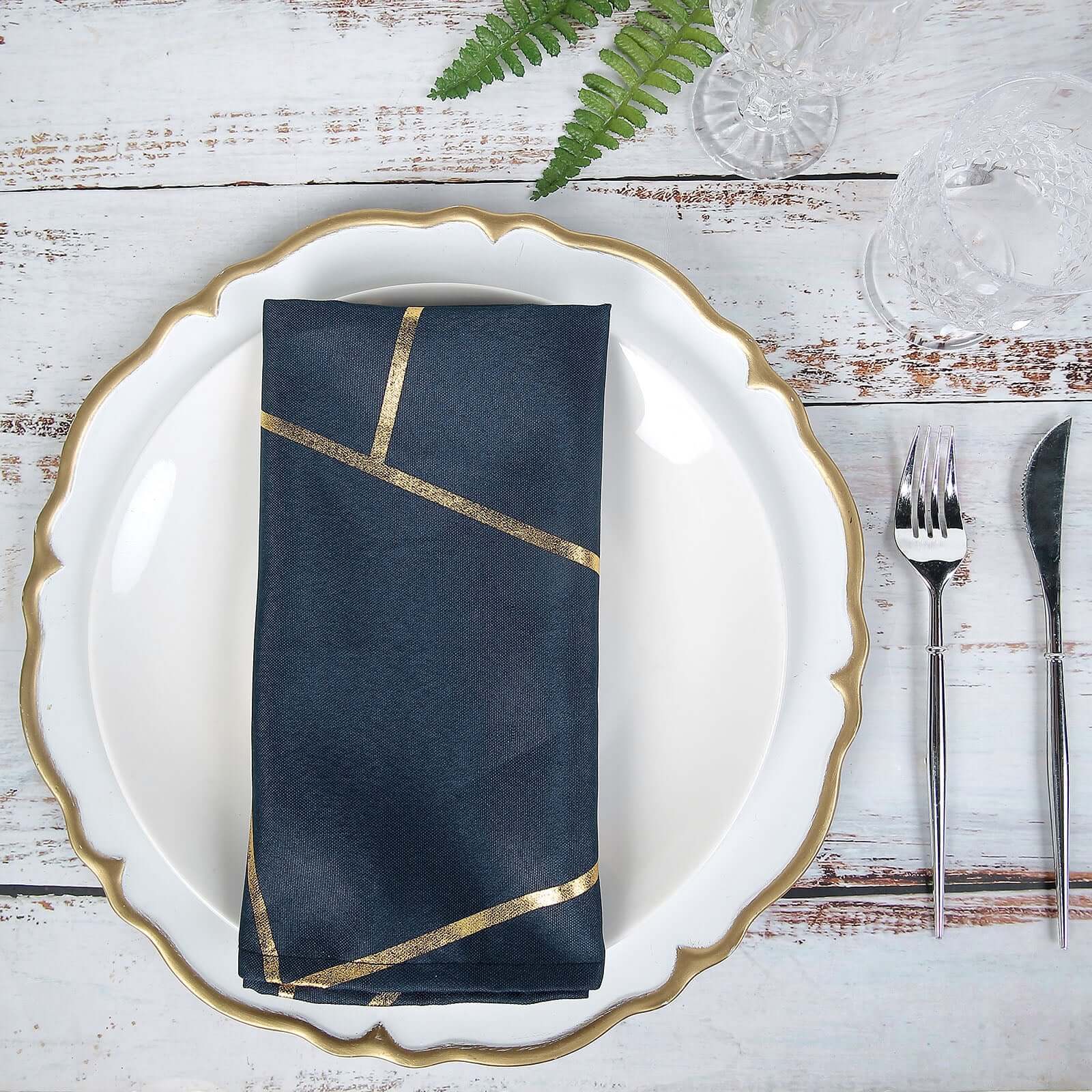 5 Pack Polyester 20x20 Napkins Navy Blue with Gold Geometric Foil Pattern - Modern Reusable Dinner Napkins