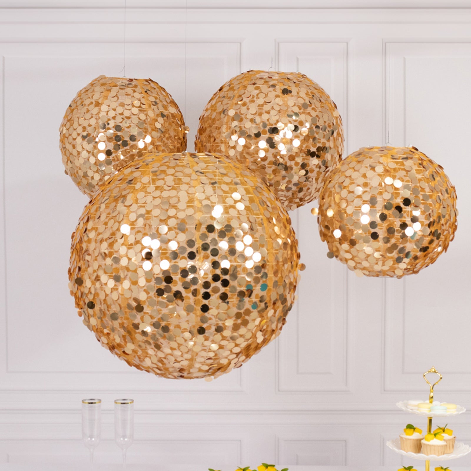 Set of 4 Glitter Gold Payette Sequin Hanging Lanterns, Large Decorative Round Foldable Fabric Chinese Lantern Lampshades - 12,14,16,20