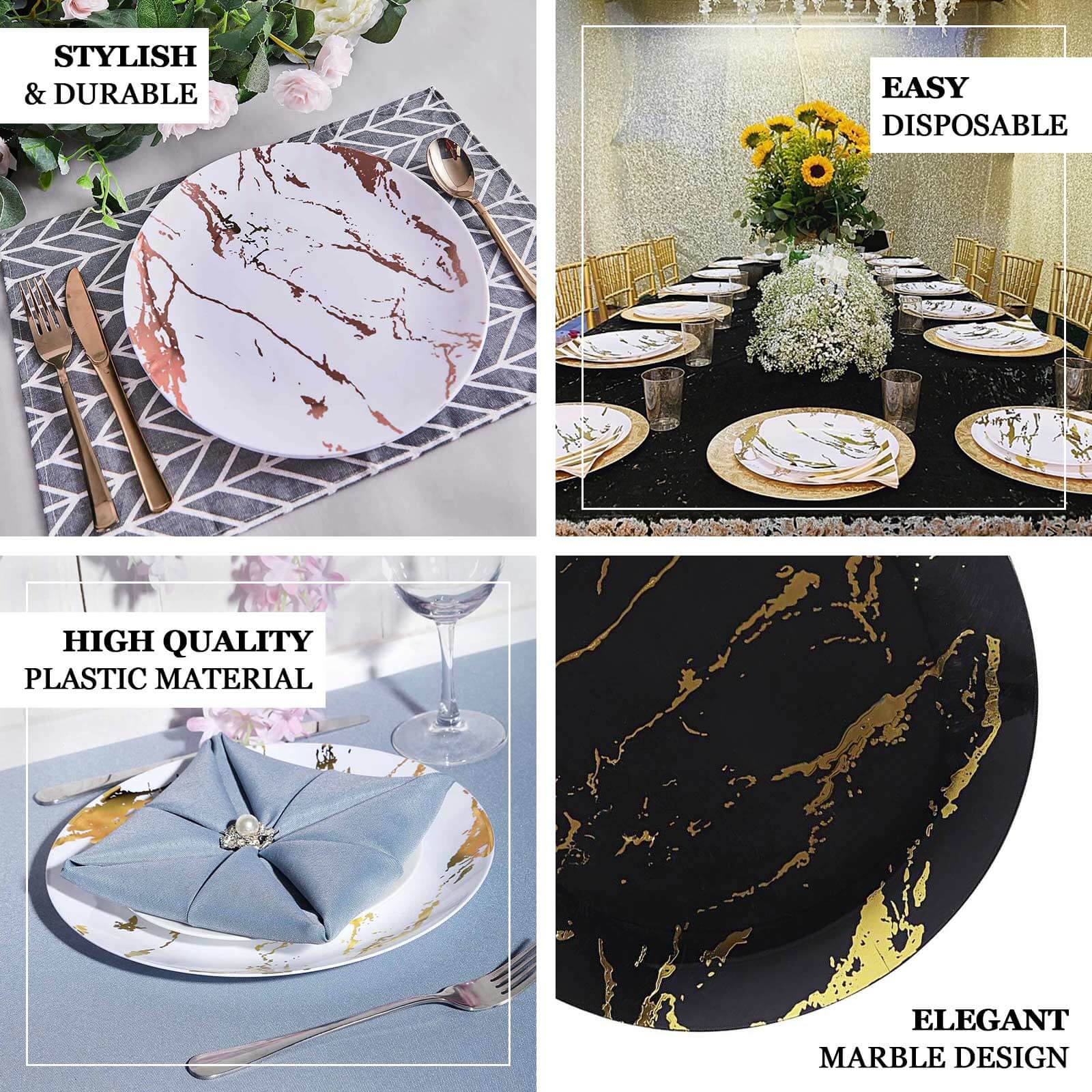 10-Pack Plastic 8 Round Dessert Plates in Clear with Gold Marble Print - Disposable Appetizer/Salad Plates for Chic Banquets & Special Occasions