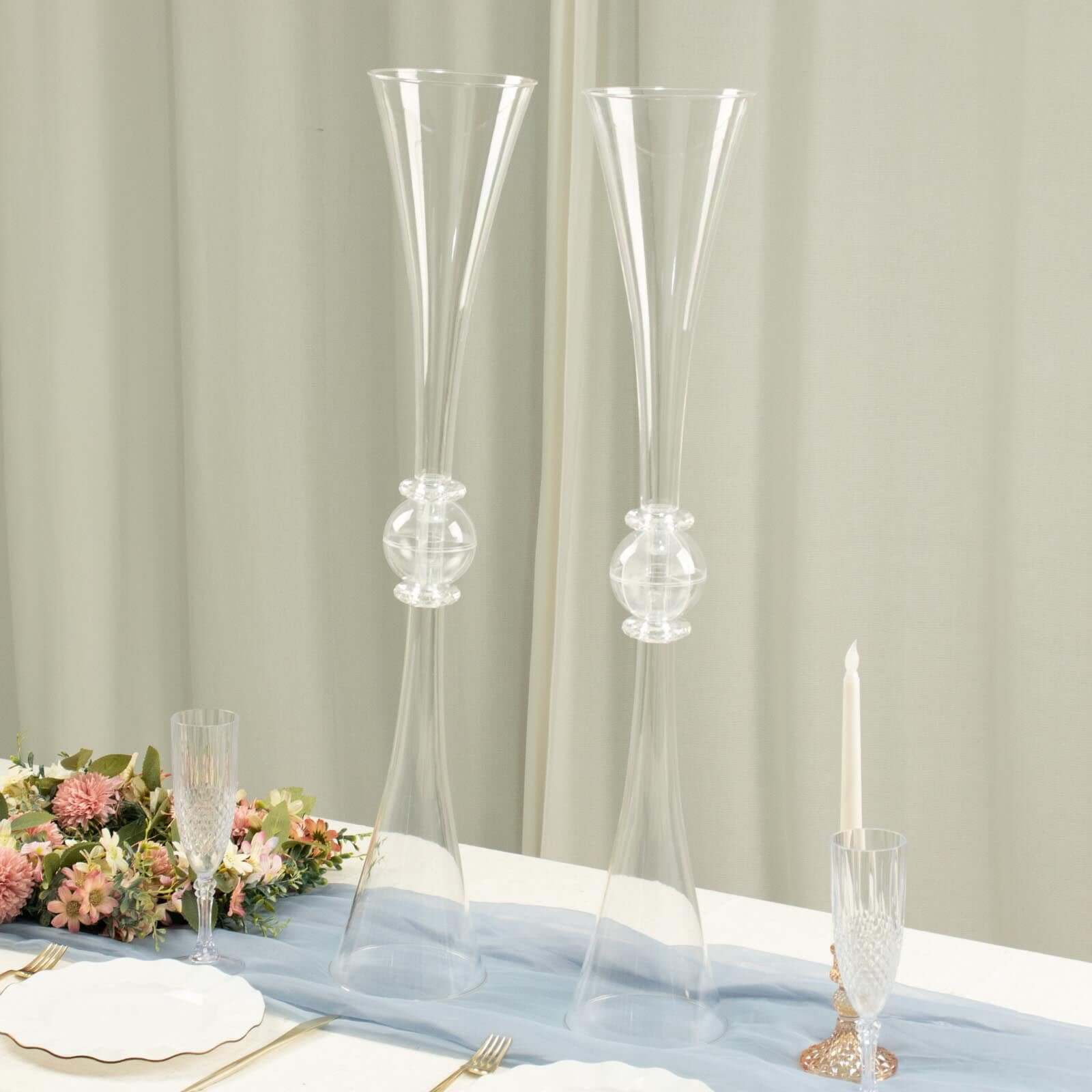 2 Pack 31 Clear Crystal Embellishment Trumpet Flower Vase, Reversible Plastic Table Centerpiece