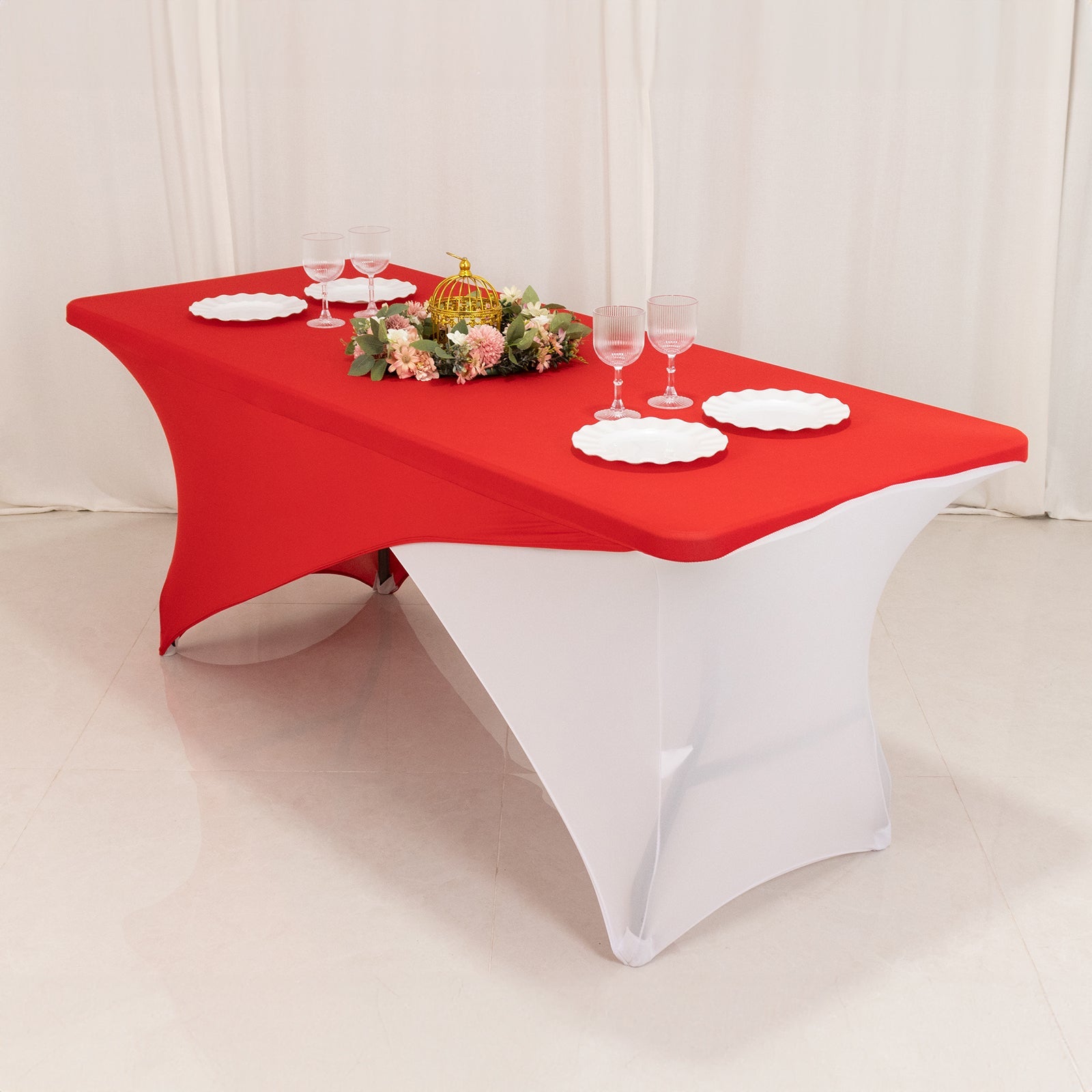 Stretch Spandex 72x30 Rectangle Table Cover Red/White Cross Over Design - Versatile & Sleek Two-Piece Fitted Tablecloth with Elastic Foot Pockets