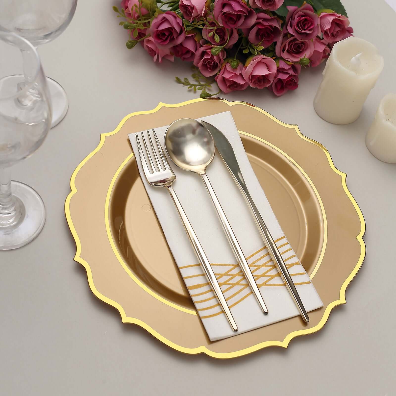 10-Pack Plastic 10 Round Dinner Plates in Gold with Gold Scalloped Rim - Disposable Party Plates