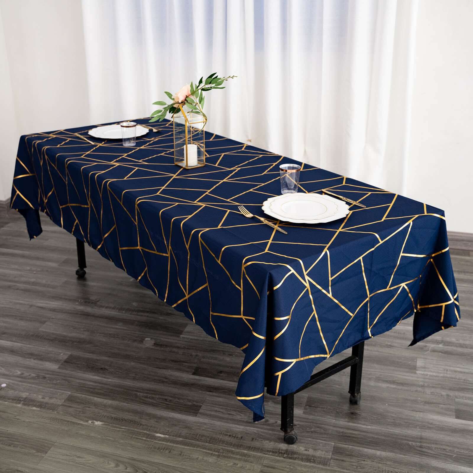 Polyester 60x102 Rectangle Tablecloth Navy Blue with Gold Foil Geometric Pattern - Wrinkle-Resistant & Durable Table Cover
