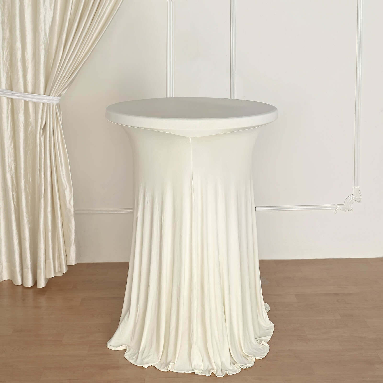 Spandex 32 Round Cocktail Table Cover Skirt Ivory With Natural Wavy Drapes