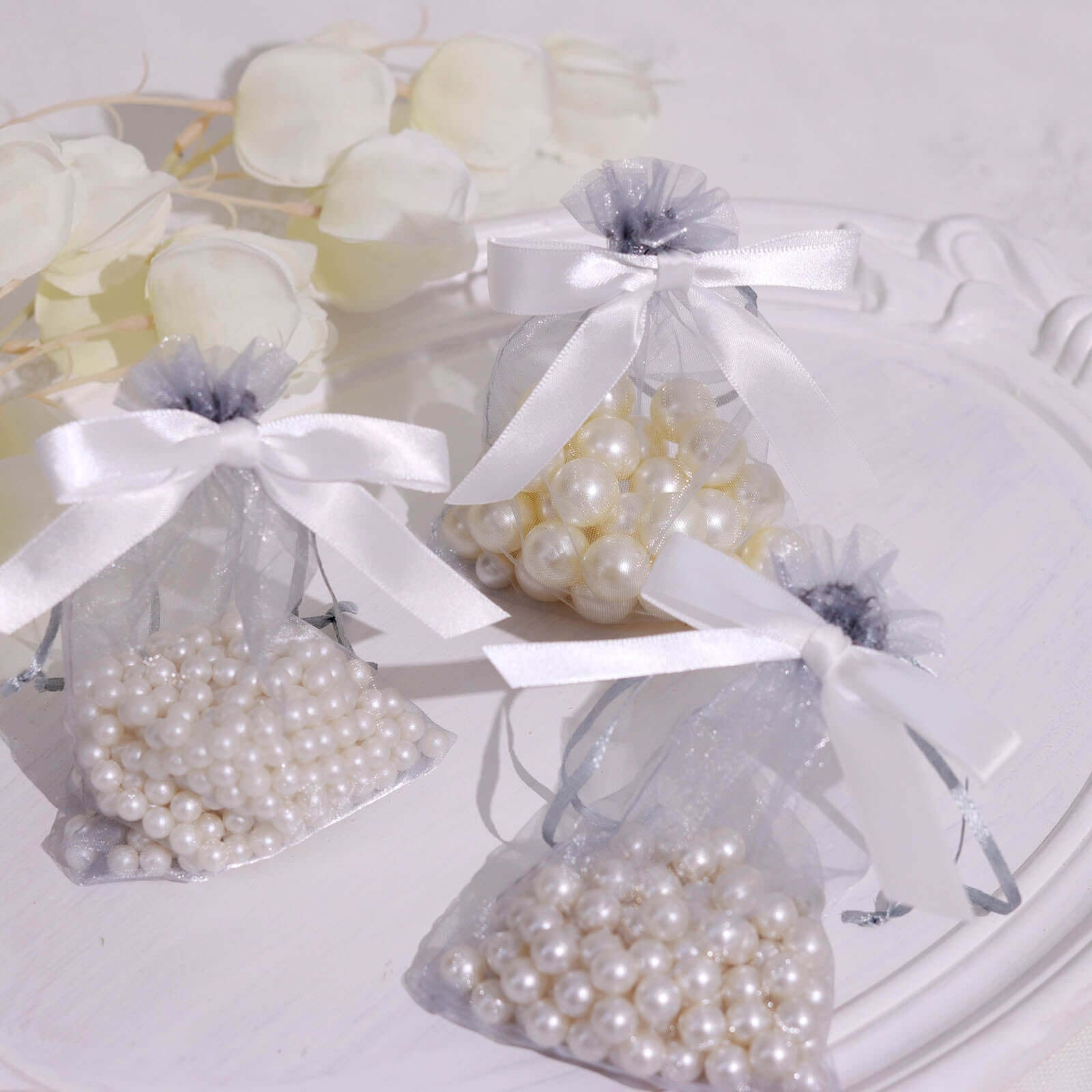 50 Pcs 3 Satin Ribbon Bows With Twist Ties, Gift Basket Party Favor Bags Decor - White Classic Style