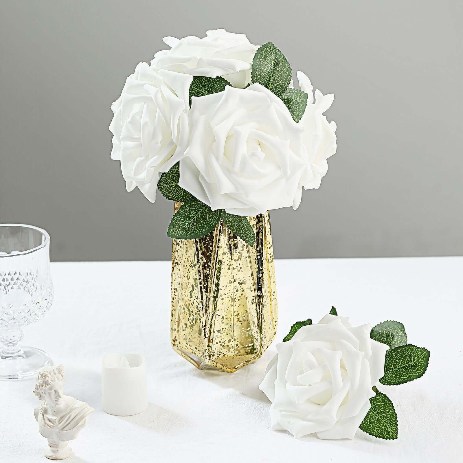 24 Roses 5 White Artificial Foam Flowers With Stem Wire and Leaves