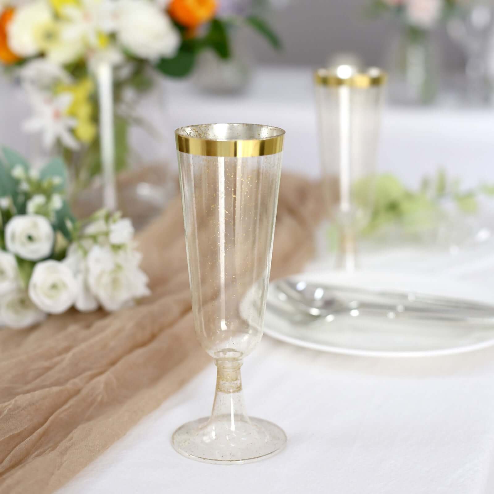 12-Pack Plastic Champagne Flutes Clear Gold Glittered with Gold Rim - Stylish Disposable Cocktail Glasses for Parties 5oz 6