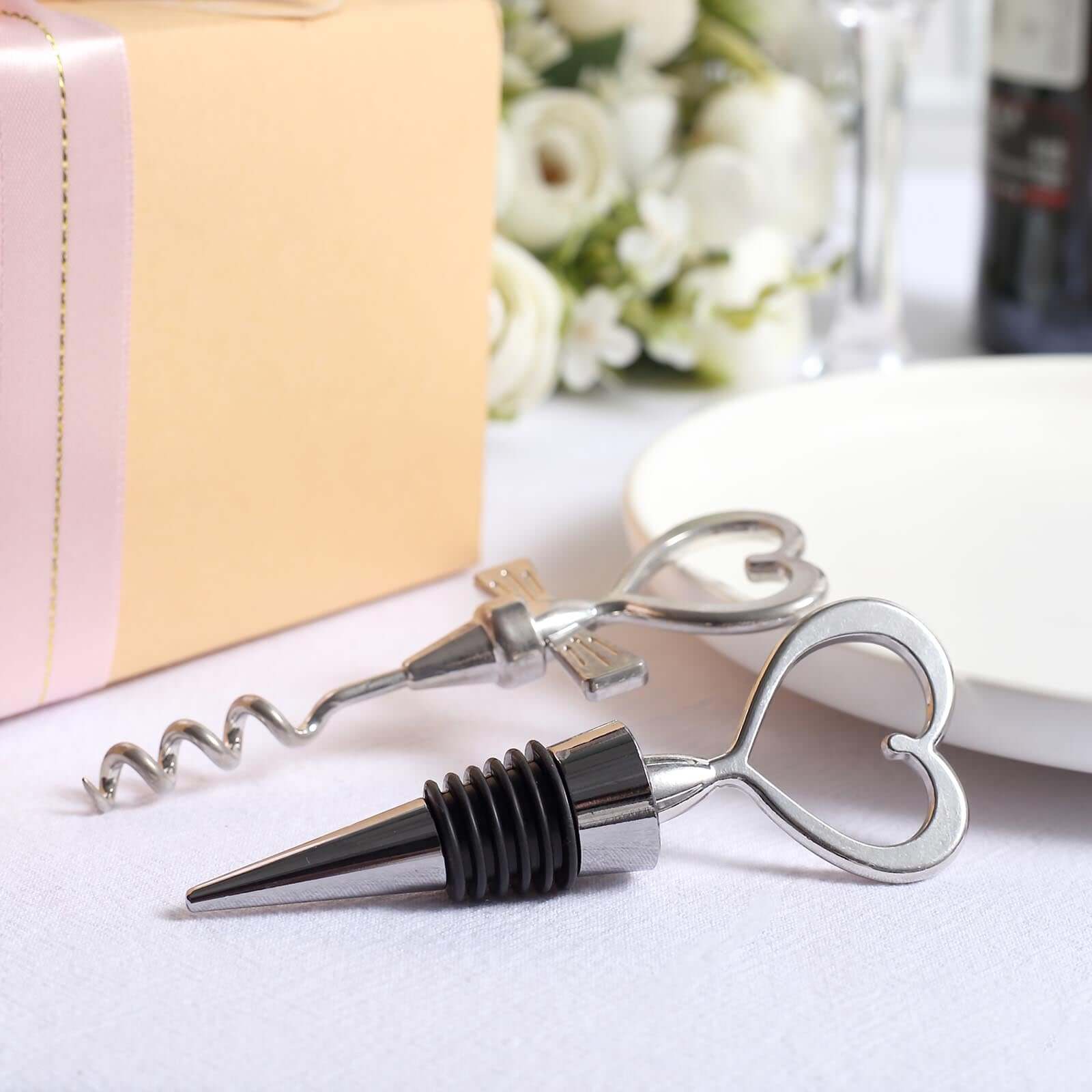 Silver Metal Heart Wine Bottle Opener Cork Stopper Party Favors Souvenir Gift Set, Wedding Favor in Velvet Box - 4.5,5