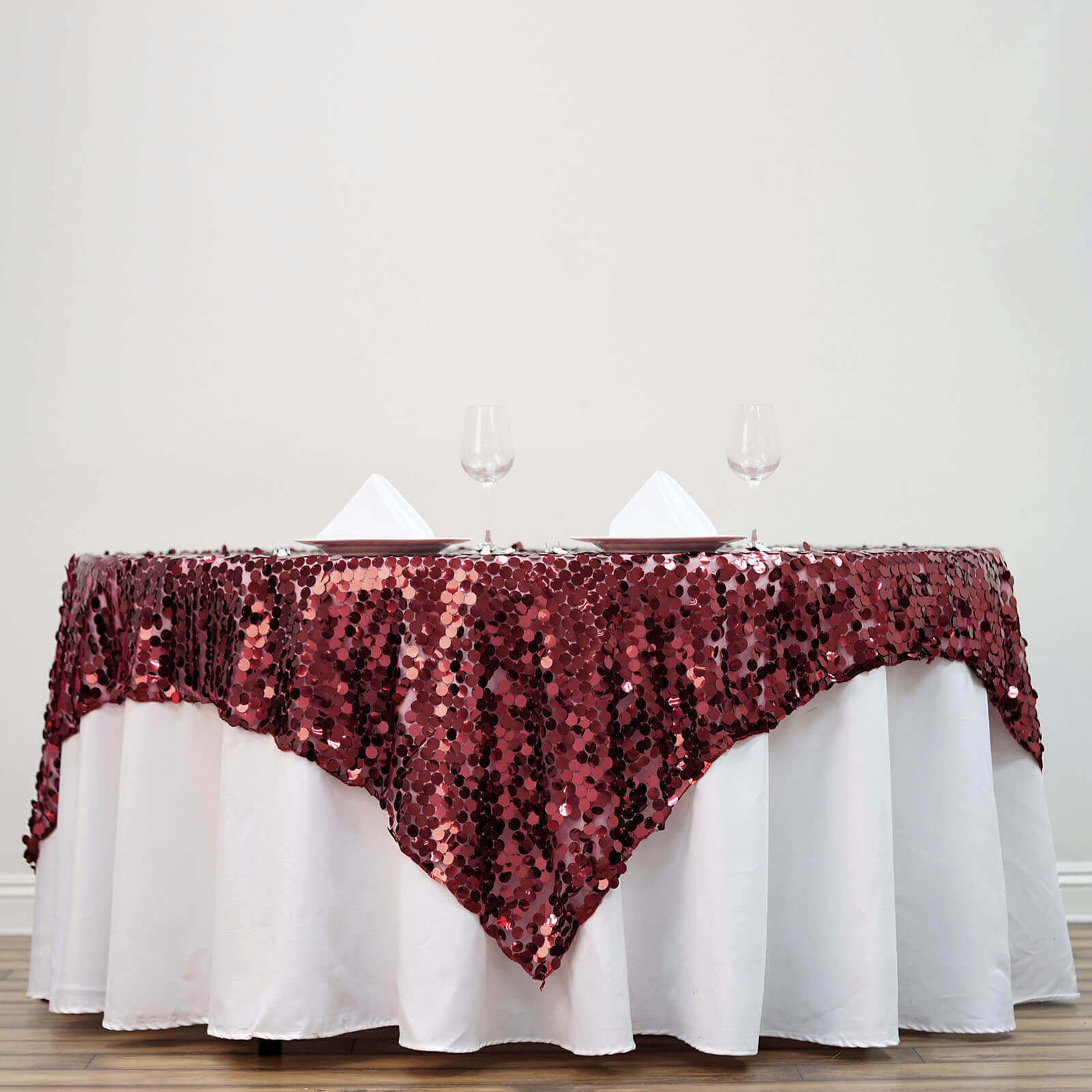 72x72 Burgundy Big Payette Sequin Square Table Overlay