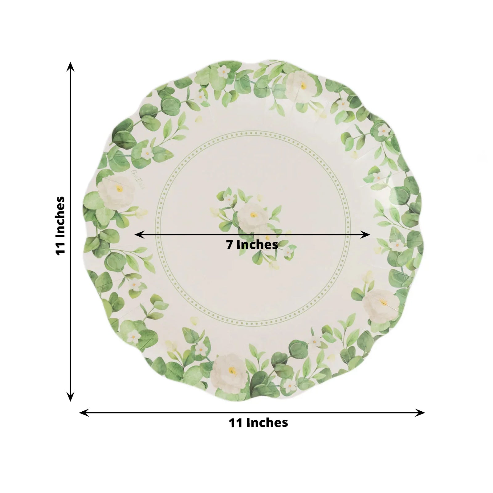 25-Pack Paper 11 Round Dinner Plates in White with Floral Greenery & Scalloped Edges - Disposable Party Plates for Nature-Inspired Events & Chic Celebrations