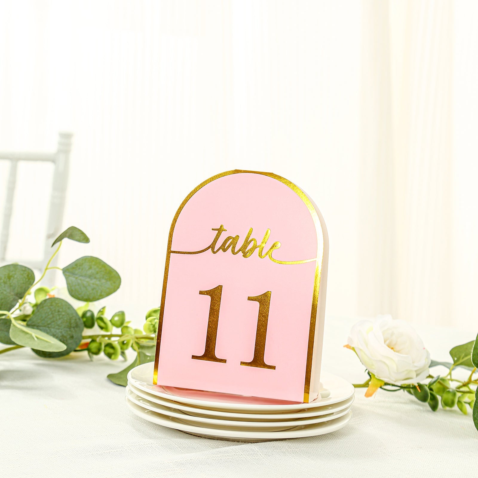 25-Pack Paper Wedding Table Numbers 1-25 Blush Arch Cutout Design - Sleek & Modern Free Standing Double Sided Table Tent Cards with Metallic Gold Foil Numbers 7