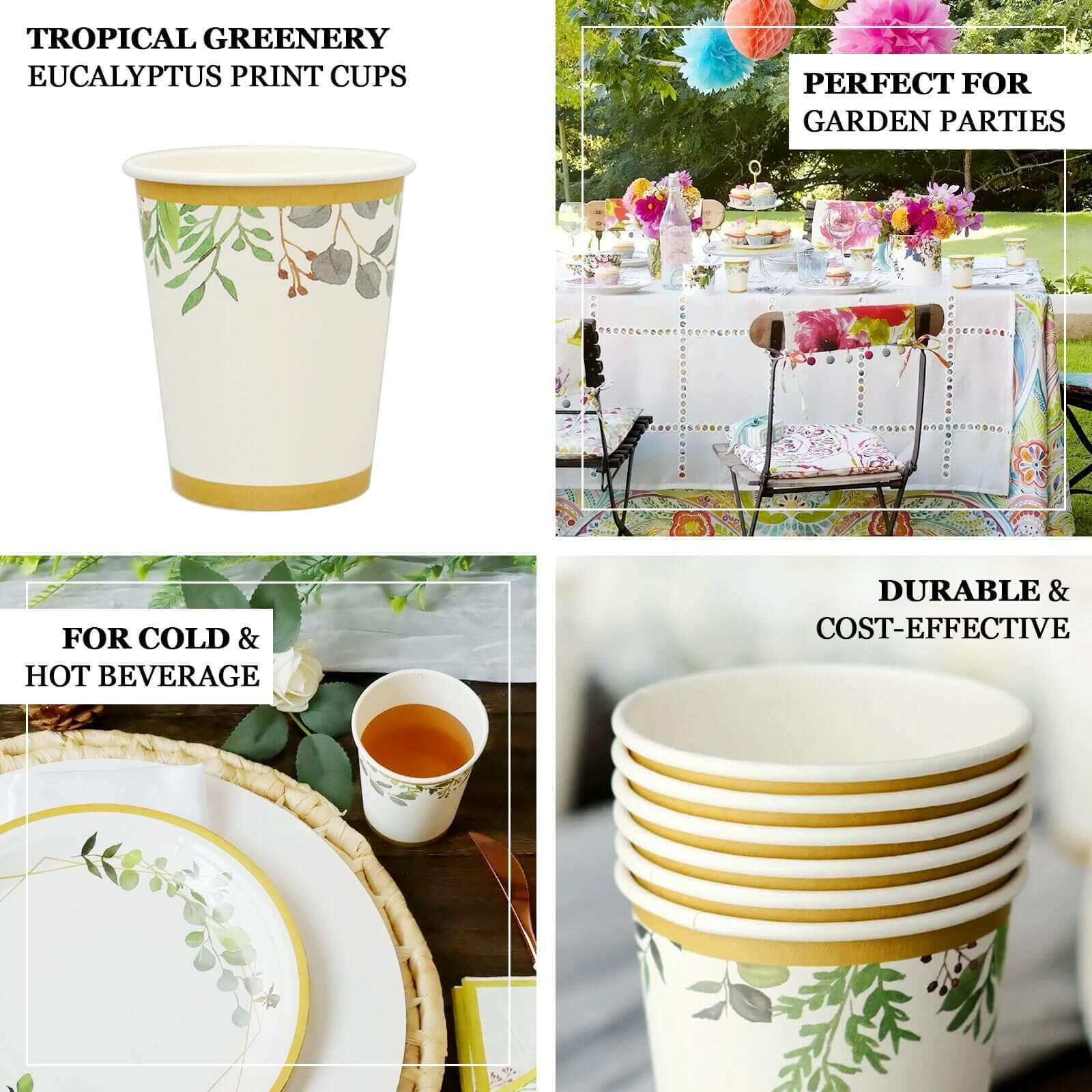 24 Pack 9oz White Tropical Greenery Gold Trim Party Paper Cups, Eucalyptus Disposable Cups With Gold Rim - 250 GSM