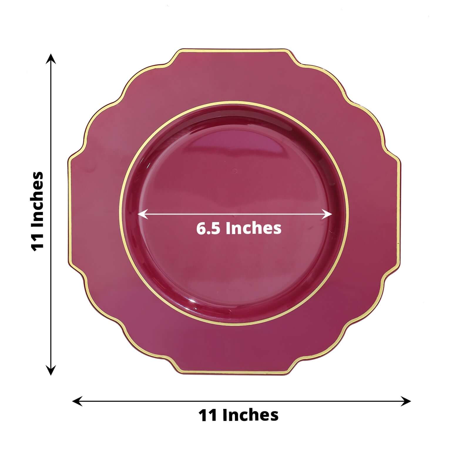 10-Pack Plastic Dinner Plates in Burgundy Baroque Design with Scalloped Gold Rim - Heavy Duty Disposable Party Plates 11