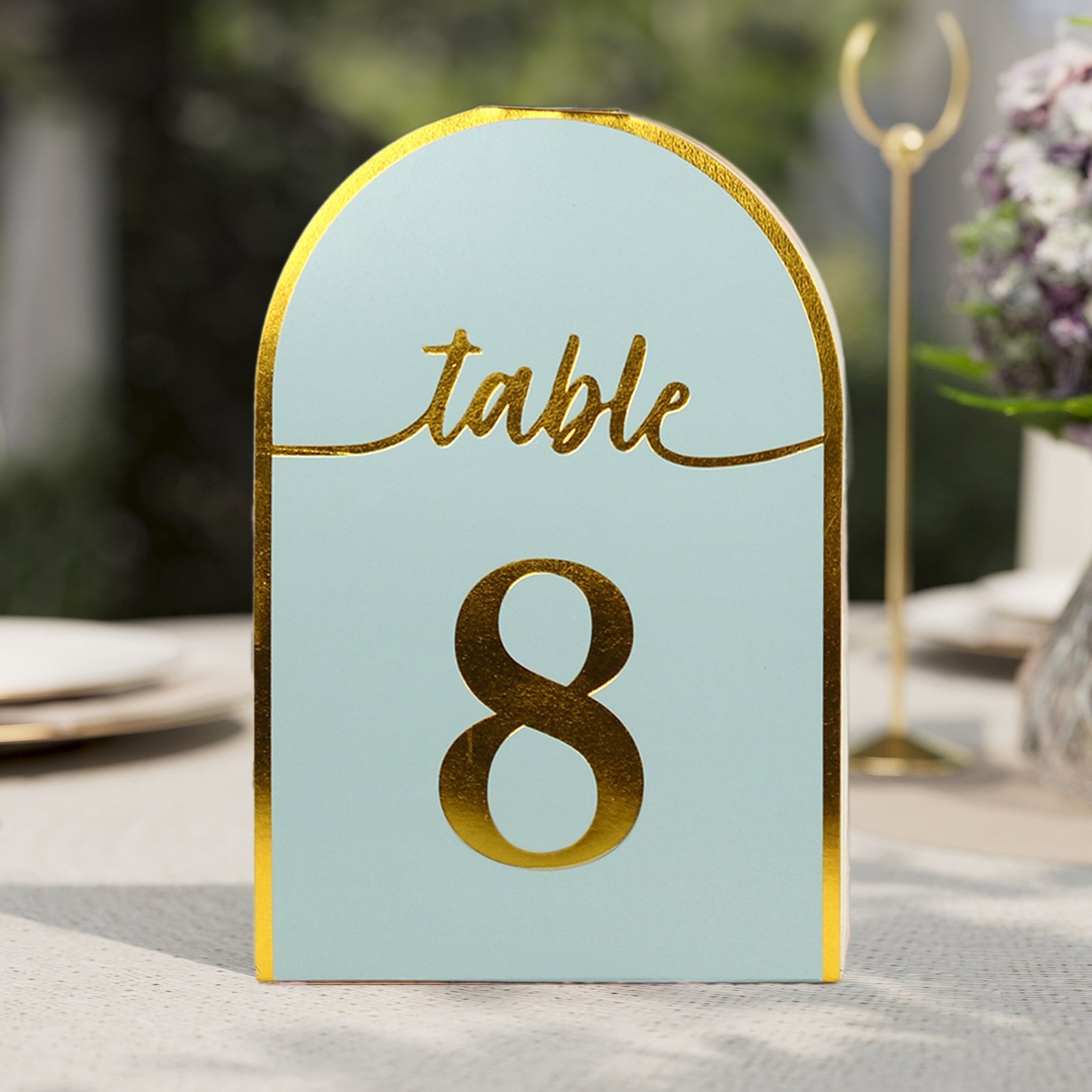 25-Pack Paper Wedding Table Numbers 1-25 Dusty Blue Arch Cutout Design - Sleek & Modern Free Standing Double Sided Table Tent Cards with Metallic Gold Foil Numbers 7