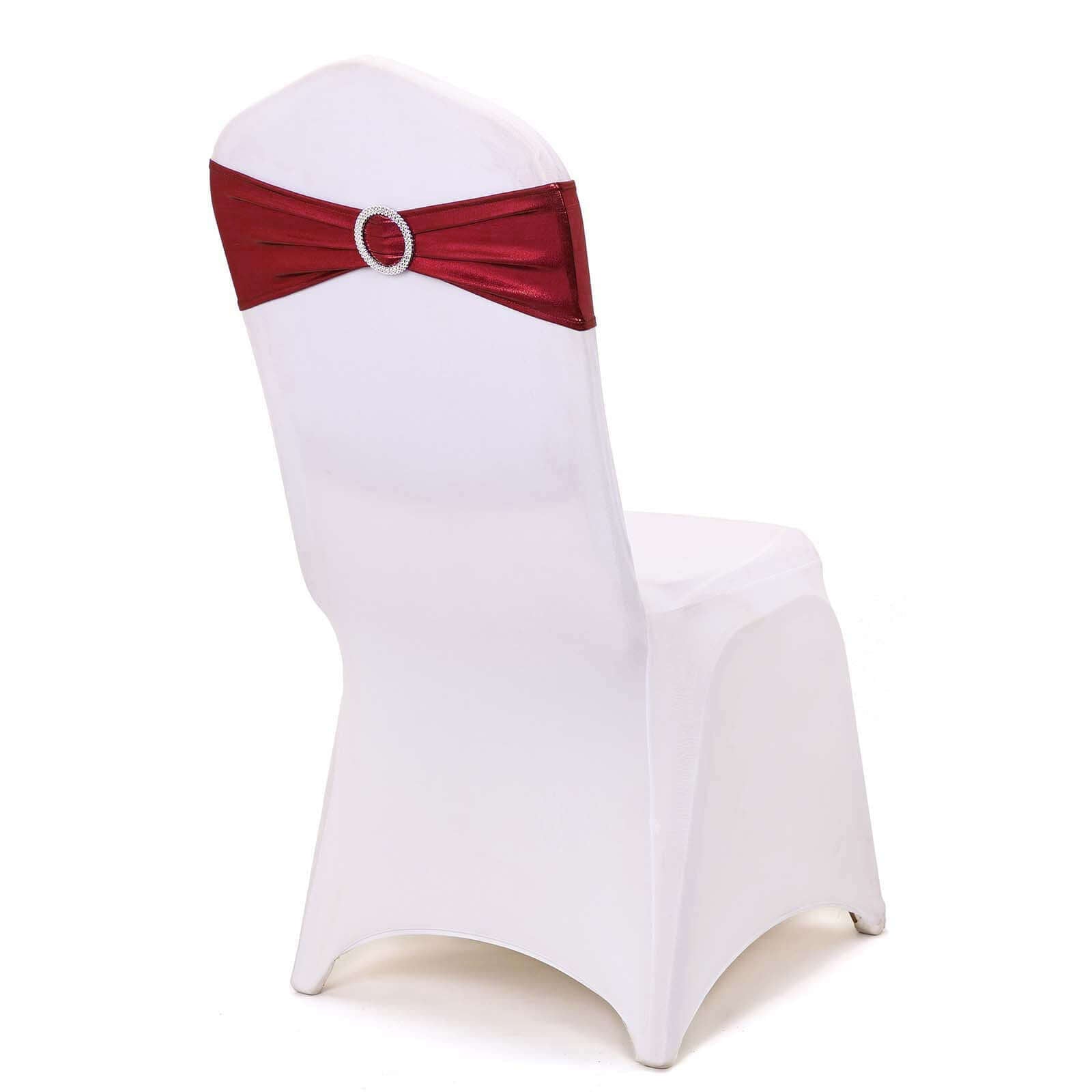 5 Pack Metallic Spandex Chair Sashes Burgundy - Stretch Fit Chair Bands With Round Diamond Buckles