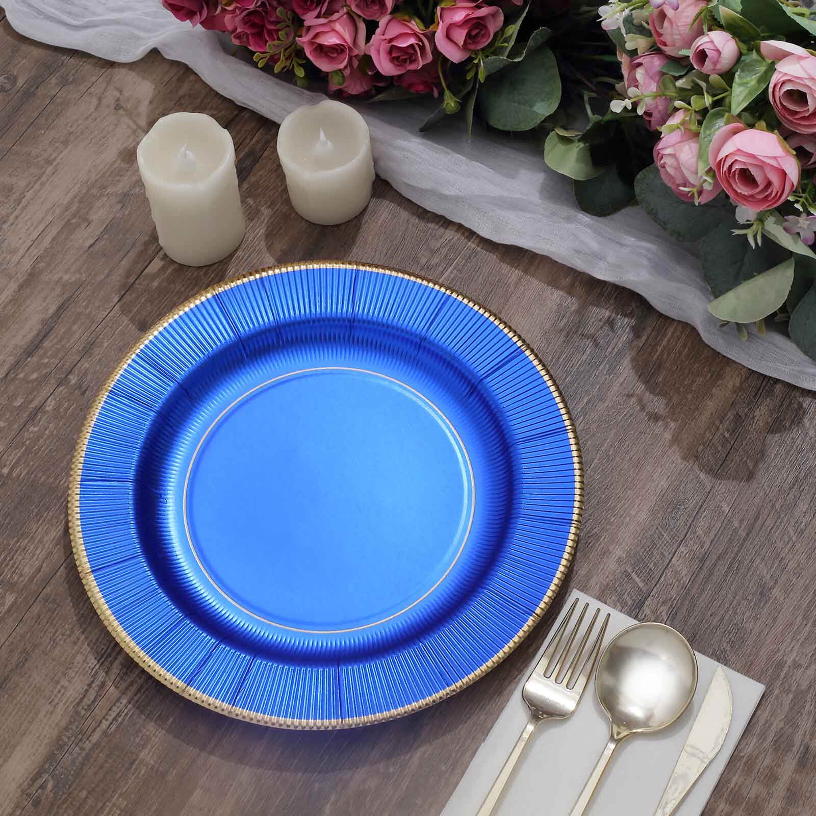 25-Pack Paper 10 Round Dinner Plates in Royal Blue Sunray Design with Gold Rim - Disposable Heavy Duty 350GSM Party Plates