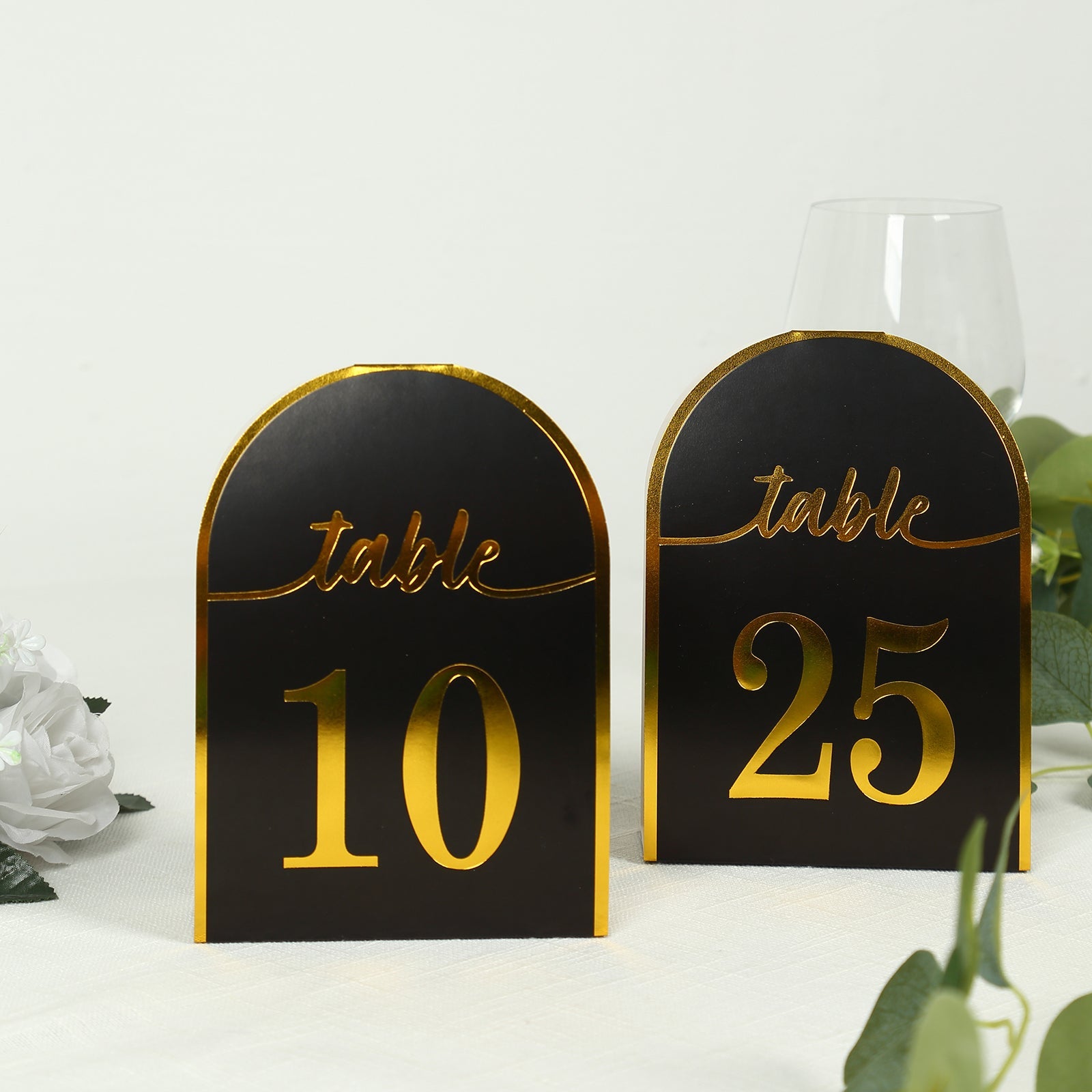 25-Pack Paper Wedding Table Numbers 1-25 Black Arch Cutout Design - Sleek & Modern Free Standing Double Sided Table Tent Cards with Metallic Gold Foil Numbers 7