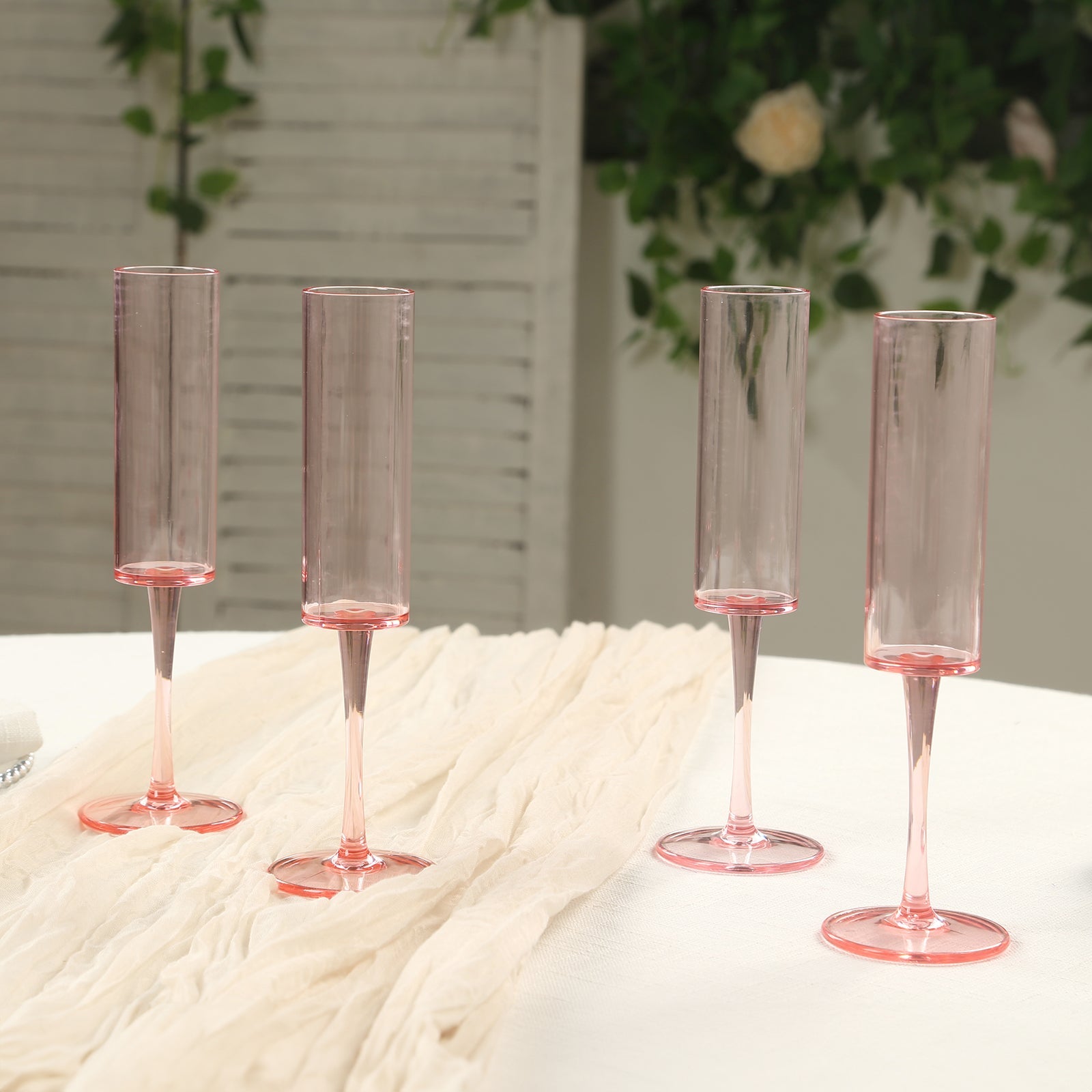 6-Pack Plastic Wine Mimosa Goblets Transparent Blush Cylindrical Shape - Reusable Champagne Flute Glasses 9.5 Tall 6oz