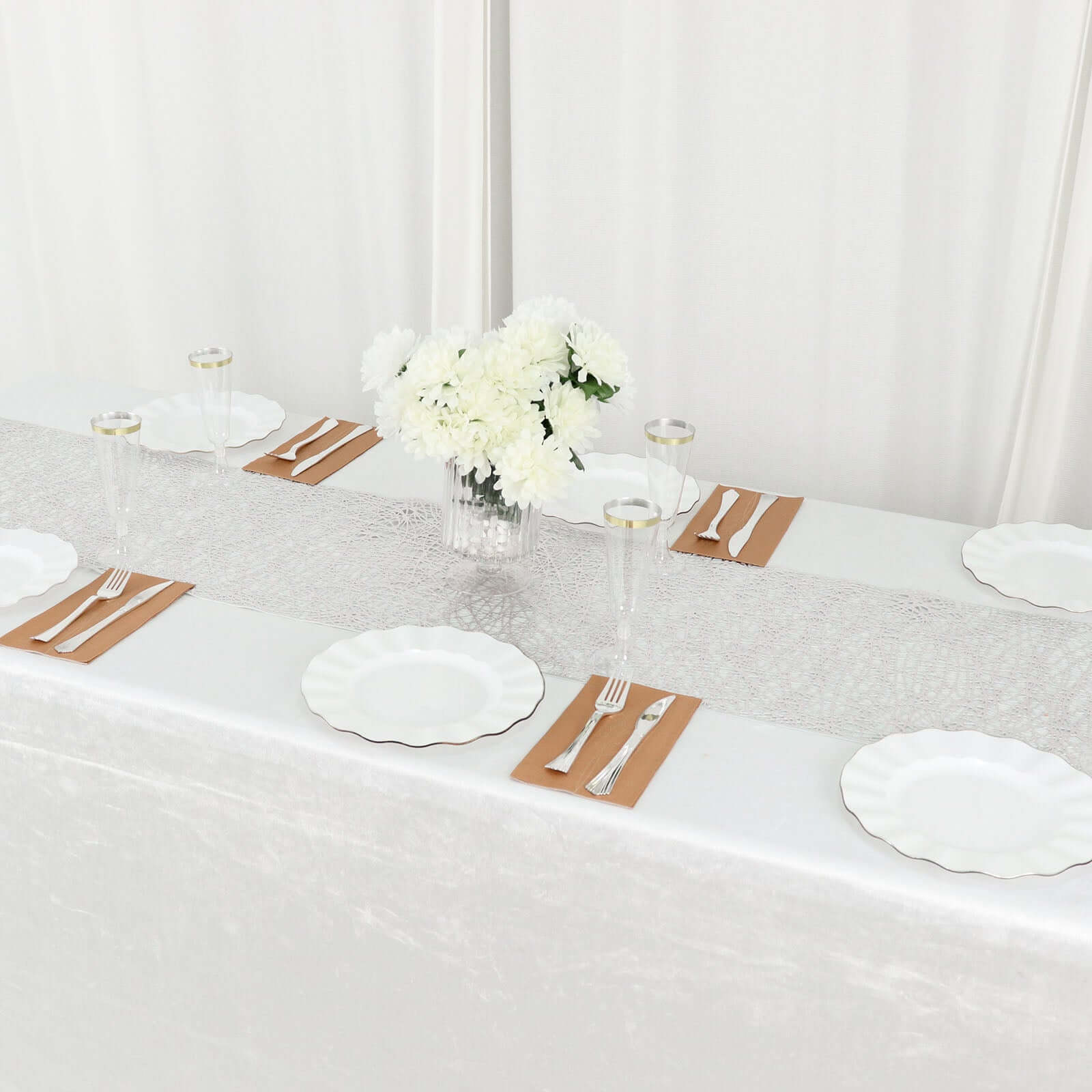 Plastic Woven Vinyl 13x6ft Table Runner Metallic Silver - Non-Slip & Reversible Tabletop Decor