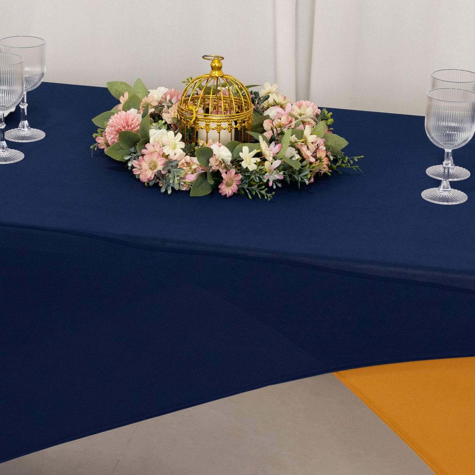 Stretch Spandex 72x30 Rectangle Table Cover Navy Blue/Gold Cross Over Design - Two-Piece Fitted Tablecloth with Elastic Foot Pockets