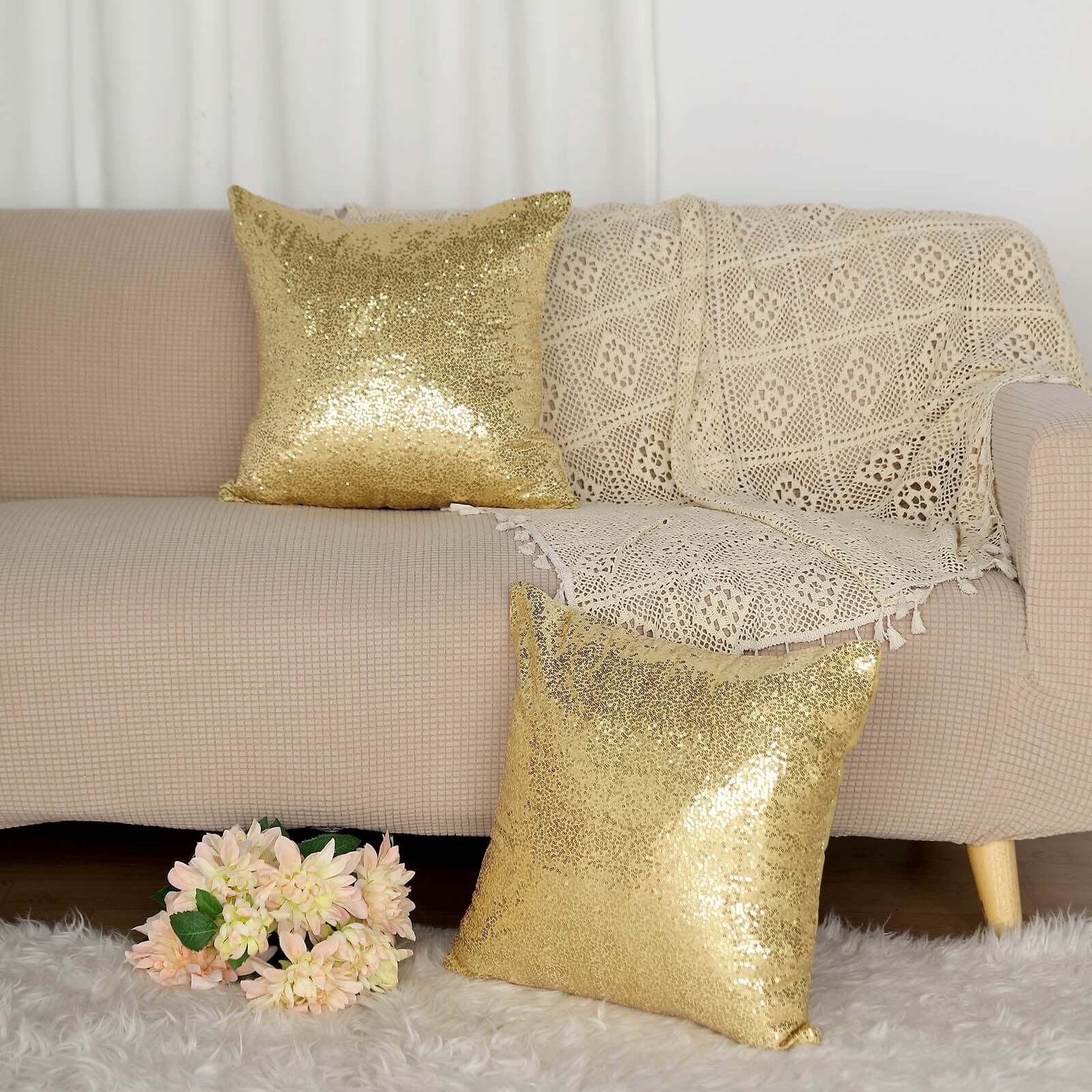 2 Pack 18x18 Sequin Throw Pillow Cover, Decorative Cushion Case - Square Champagne Sequin