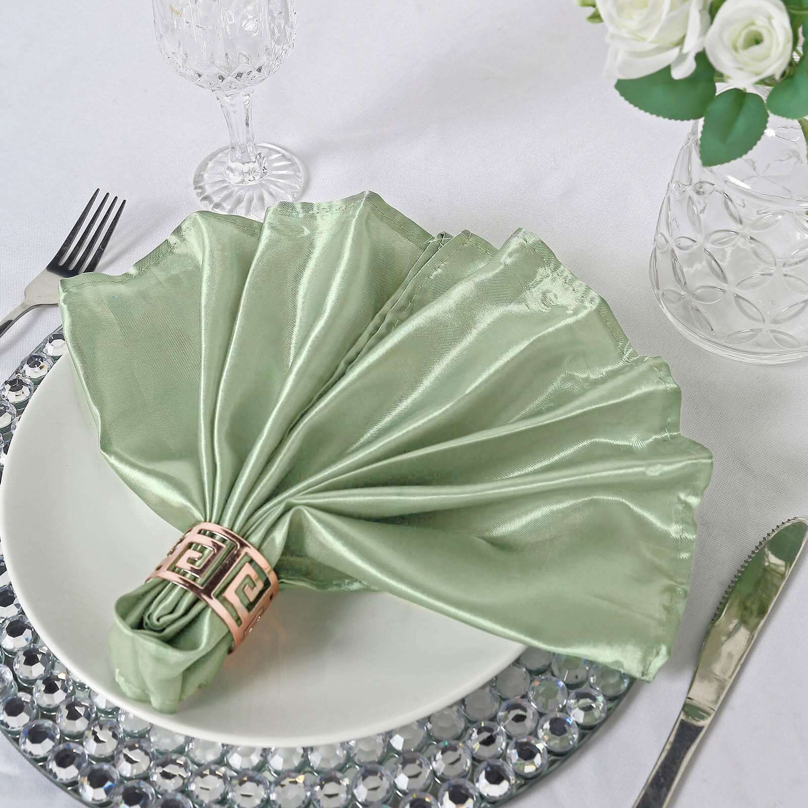 5 Pack Satin 20x20 Napkins Sage Green - Luxurious Shine & Smooth Dinner Napkins