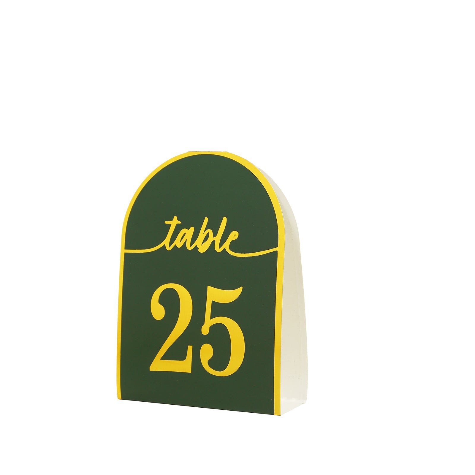 25-Pack Paper Wedding Table Numbers 1-25 Hunter Emerald Green Arch Cutout Design - Sleek & Modern Free Standing Double Sided Table Tent Cards with Metallic Gold Foil Numbers 7