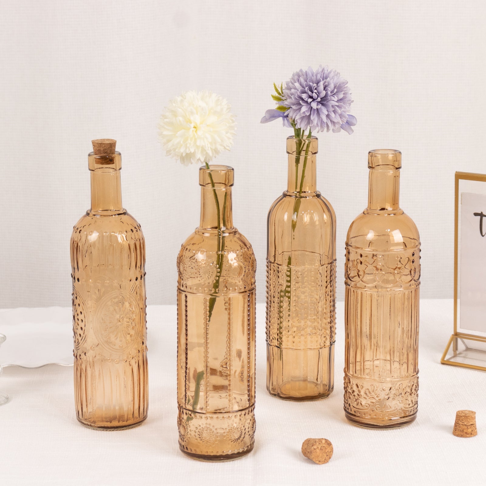 Set of 4 Embossed Glass Bottles Vintage Amber Gold with Corks - Large Flower Bud Vases 16oz 10 Tall