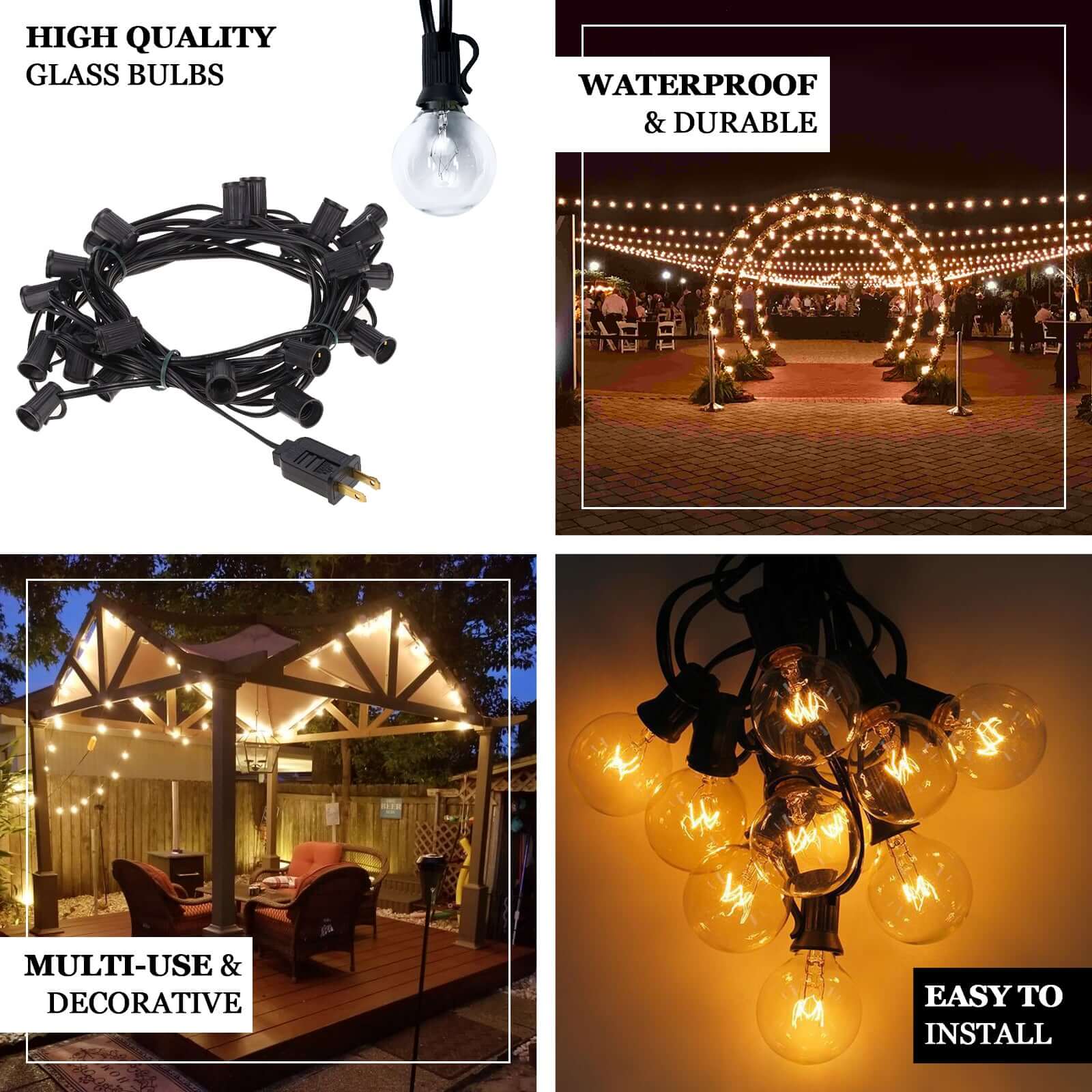 25ft Warm White Connectable Hanging Outdoor or Indoor String Lights, Waterproof 120V With 28 Incandescent Glass Light Bulbs