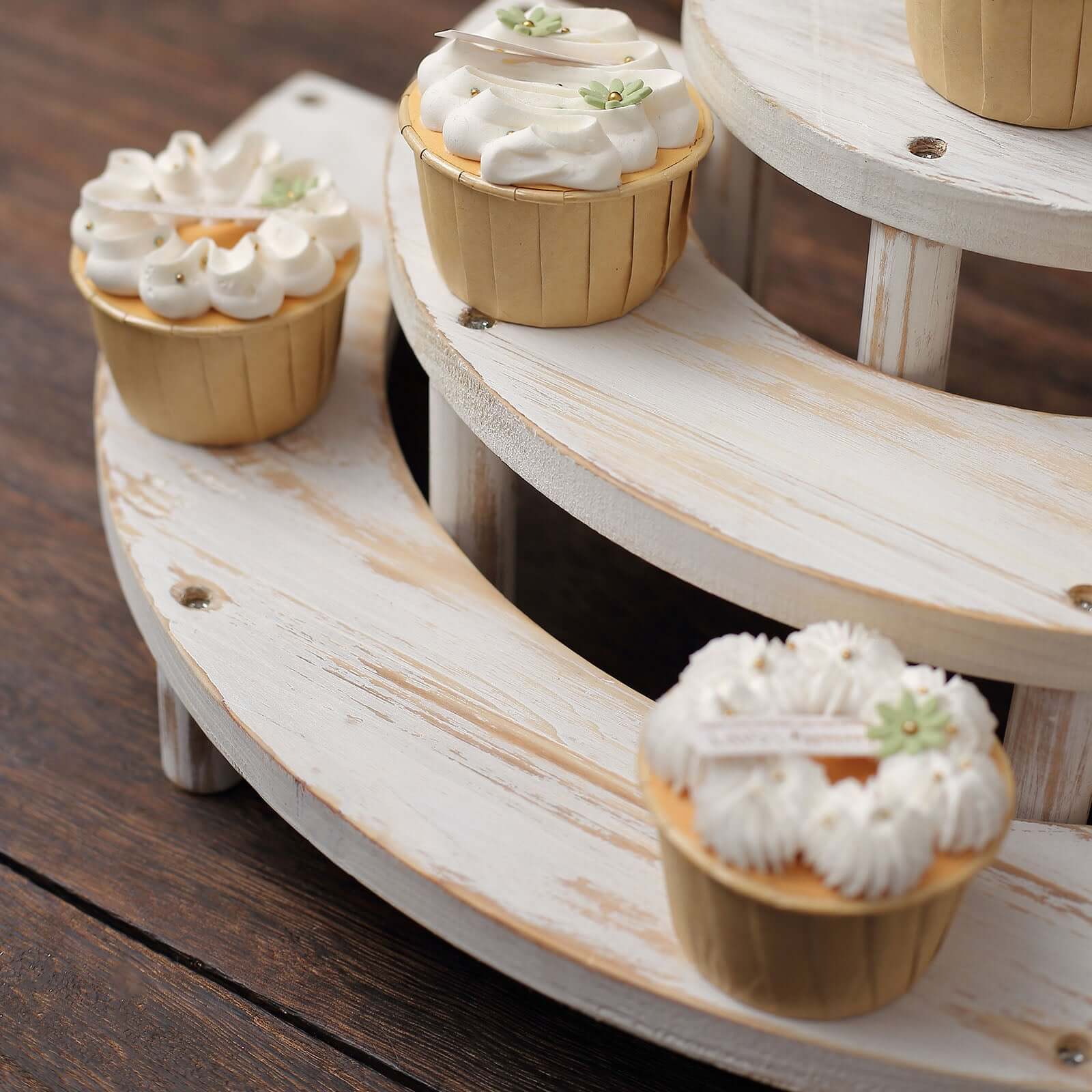 Set of 3 Wooden Dessert Pedestals Rustic Whitewashed 3-Tier Semicircle Design - Half Moon Cupcake Display Risers 7, 13, 18