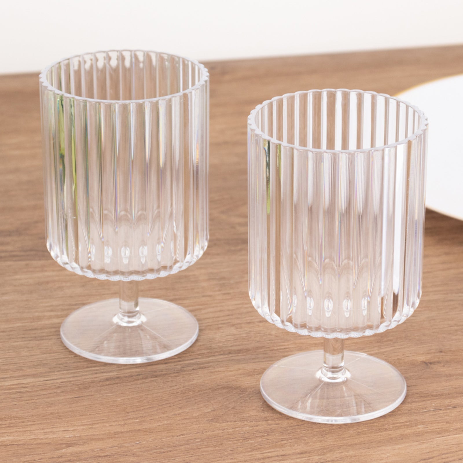 6-Pack Plastic Goblets Clear Vintage Ribbed Pattern Short Stem - Reusable Wine Glasses 12oz