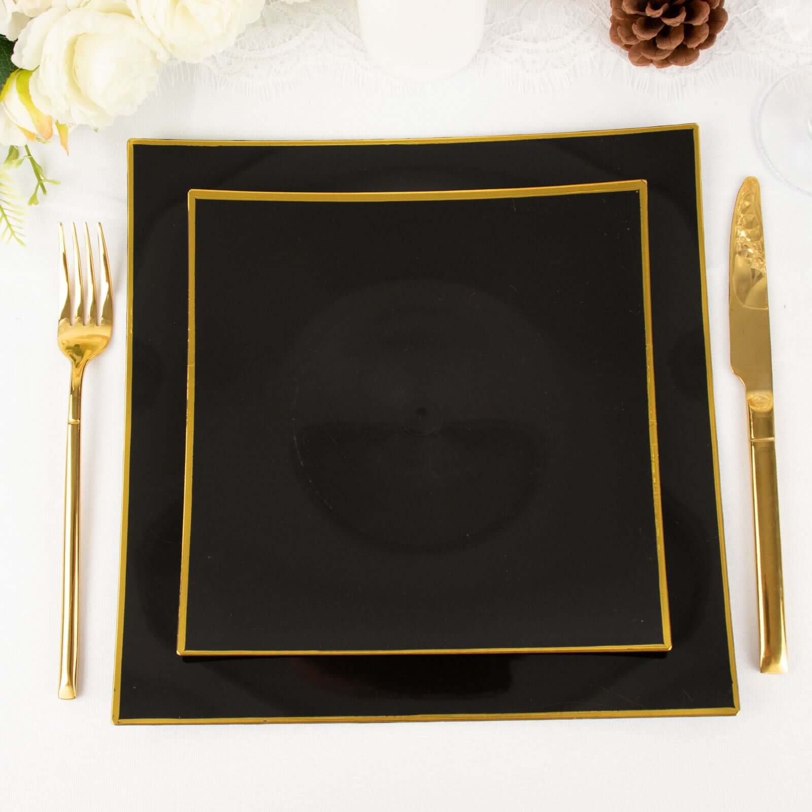 10-Pack Plastic 8 Square Dessert Plates in Black Concave Style with Gold Rim - Modern Disposable Salad Appetizer Party Plates