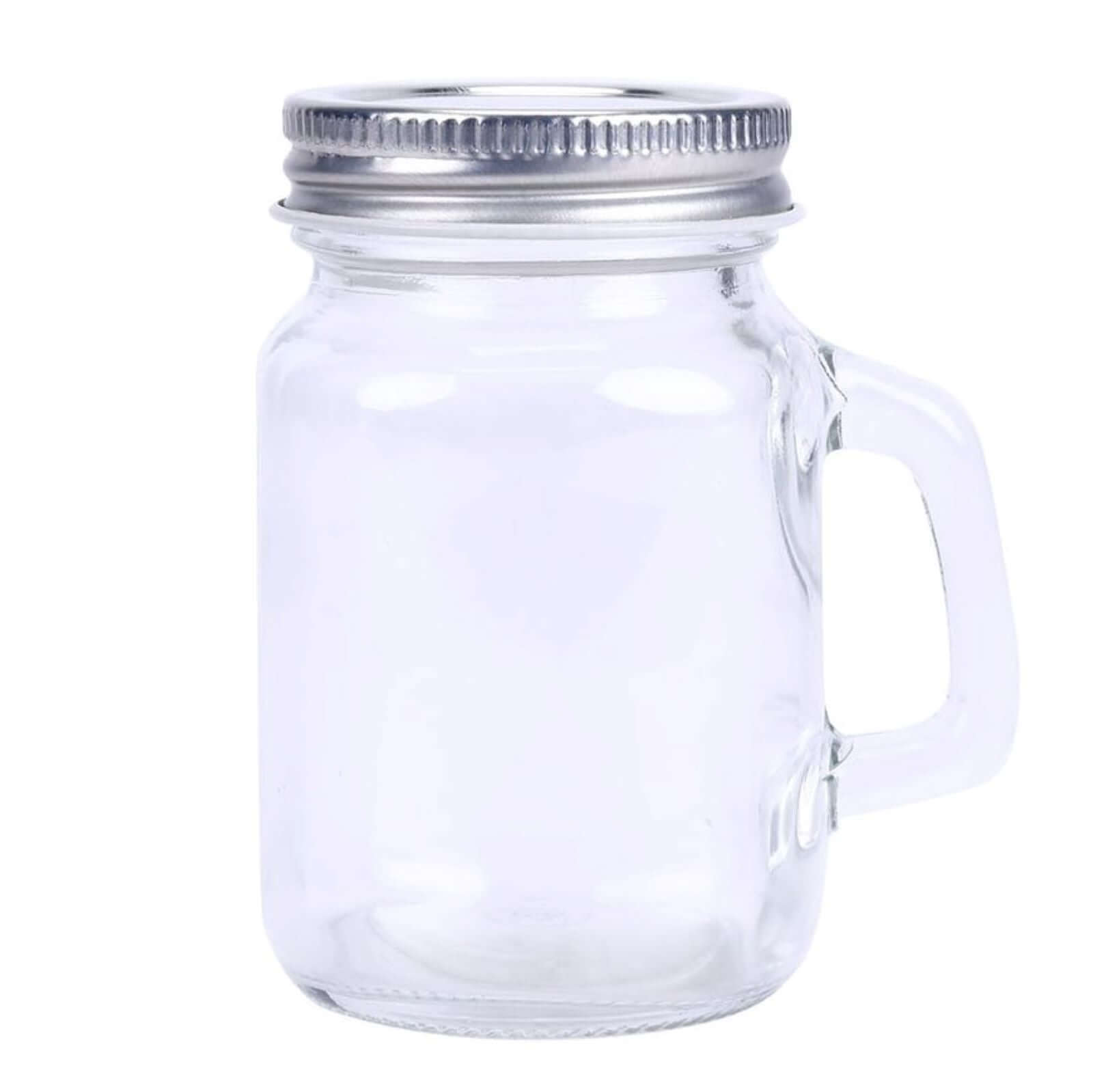 12-Pack Glass Mason Jars Rustic Design Clear with Handles and Silver Screw-On Lids - Trendy Containers for Drinks & Events 4oz