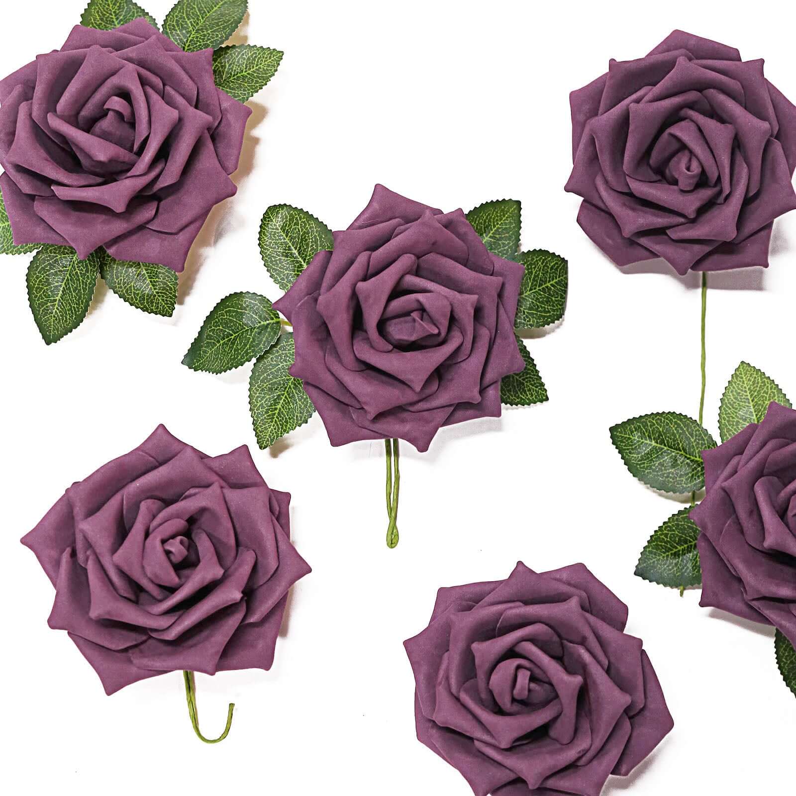 24 Roses 5 Eggplant Artificial Foam Flowers With Stem Wire and Leaves