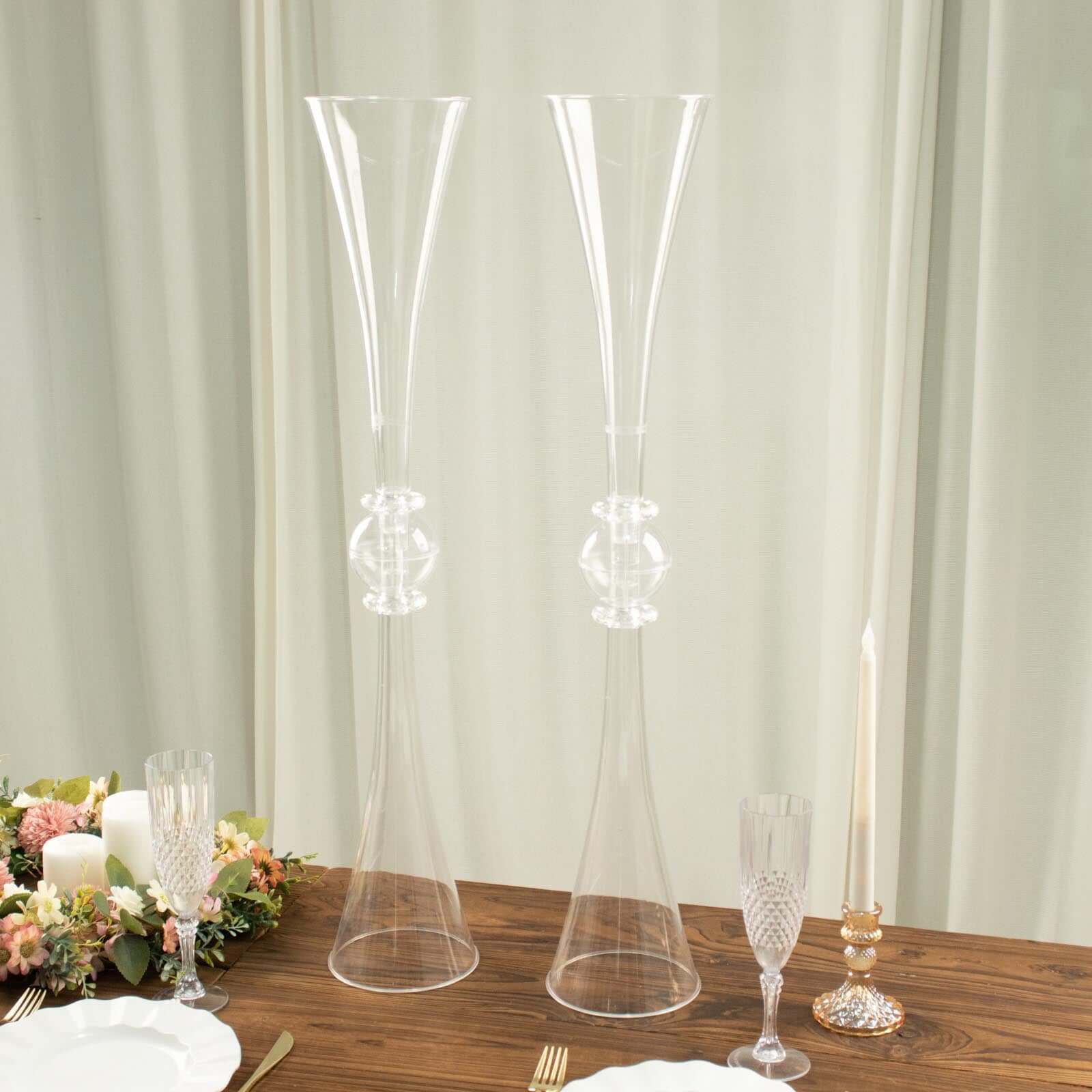 2 Pack 31 Clear Crystal Embellishment Trumpet Flower Vase, Reversible Plastic Table Centerpiece