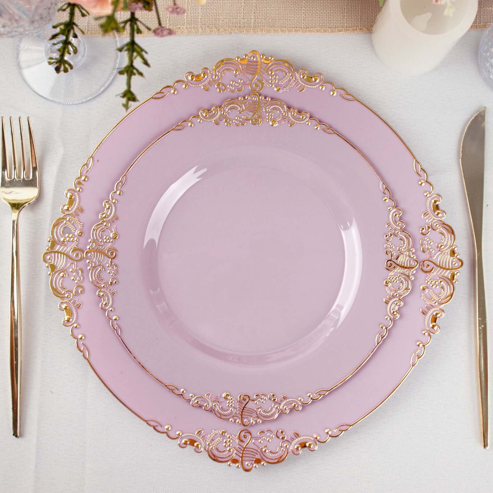 10-Pack Plastic 8 Round Dessert Plates in Lavender Lilac with Gold Leaf Embossed Rim - Disposable Vintage Baroque Style Salad Plates