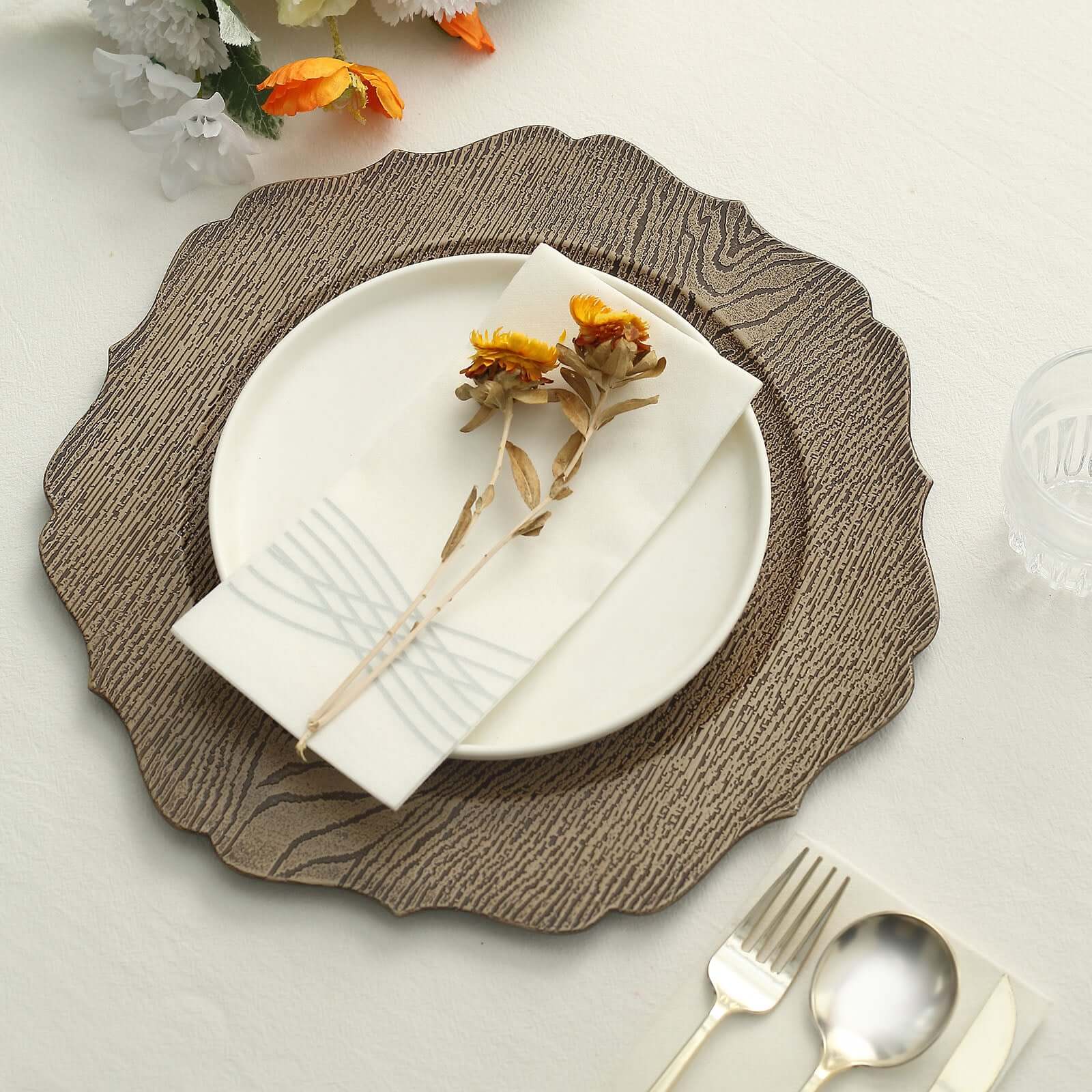 6-Pack Acrylic Round Charger Plates 13 in Rustic Natural with Wood Grain Scalloped Rim, Decorative Dinner Party Charger Tableware