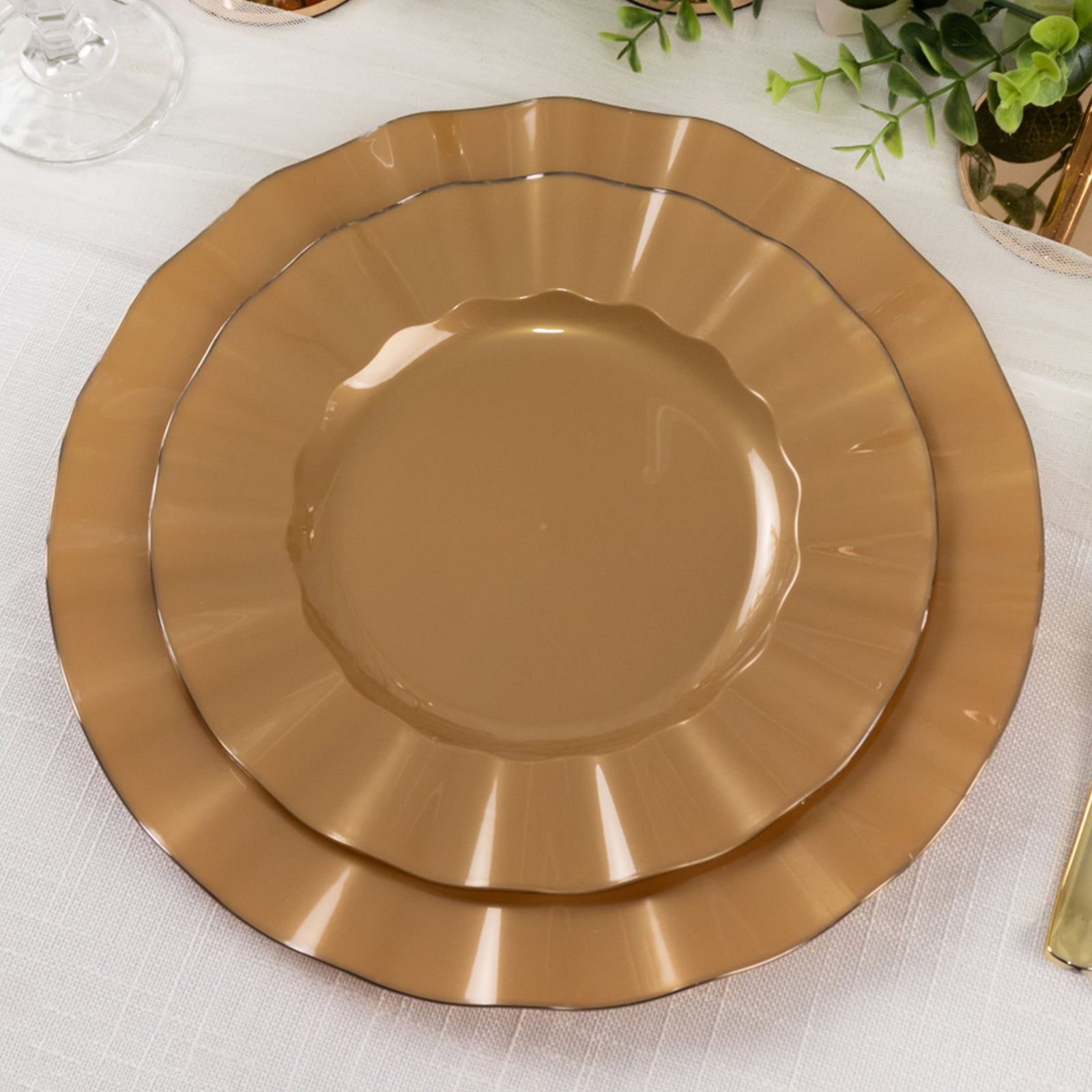 10-Pack Plastic 9 Round Dinner Plates in Gold with Ruffled Rim - Sturdy Disposable Dinnerware for Classy Events & Banquets