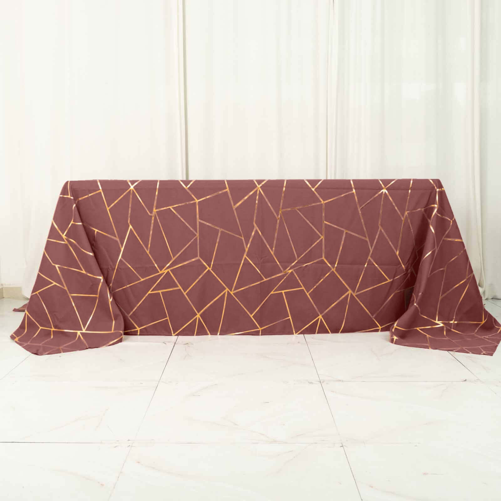 Polyester 60x132 Rectangle Tablecloth Cinnamon Rose with Gold Foil Geometric Pattern - Wrinkle-Resistant and Durable Table Cover for Weddings & Events