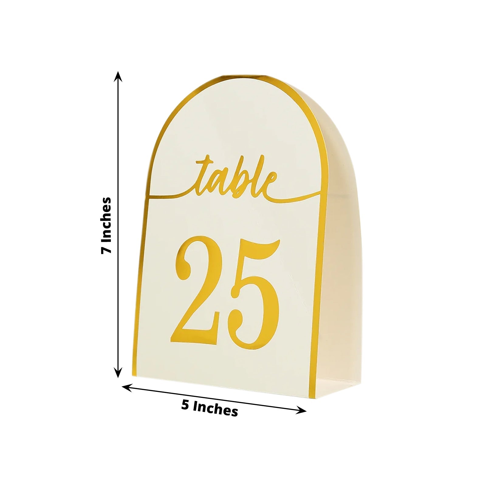 25-Pack Paper Wedding Table Numbers 1-25 White Arch Cutout Design - Sleek & Modern Free Standing Double Sided Table Tent Cards with Metallic Gold Foil Numbers 7