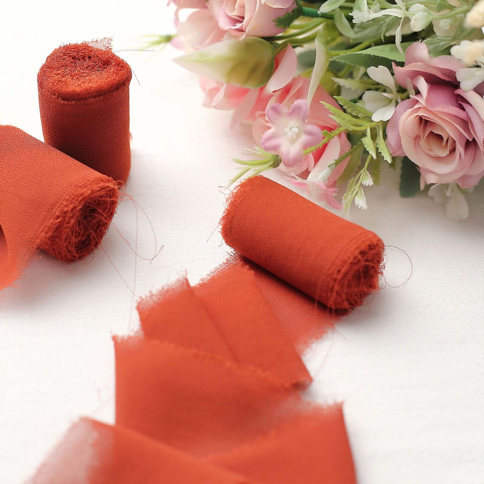 2 Pack 6yds Terracotta (Rust) Silk-Like Chiffon Ribbon Roll, DIY Wedding Bouquet Linen Wrap