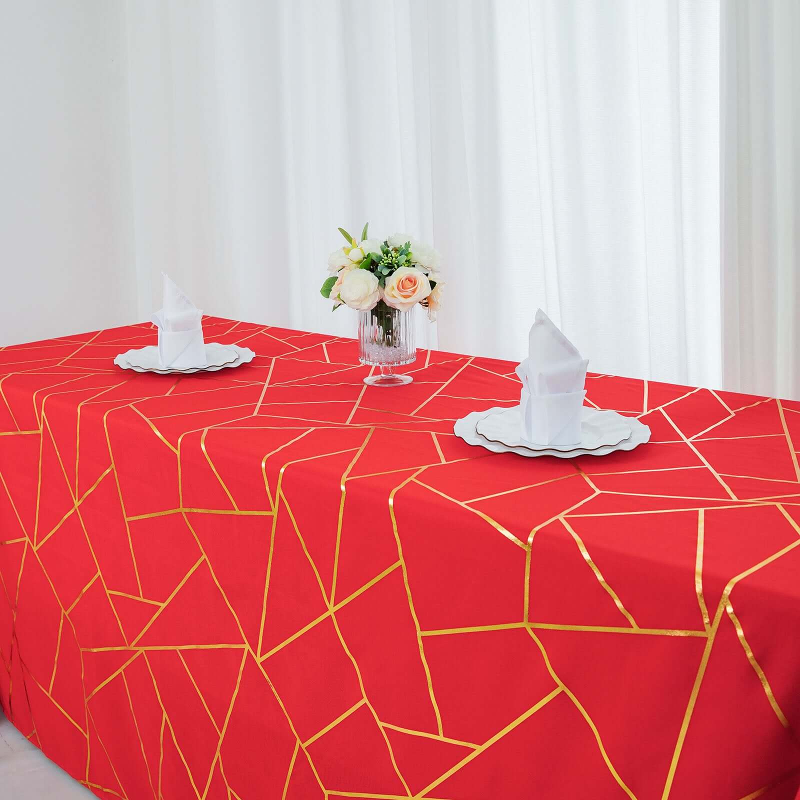 Polyester 90x132 Rectangle Tablecloth Red Seamless with Gold Foil Geometric Pattern - Wrinkle-Resistant Seamless Table Cover