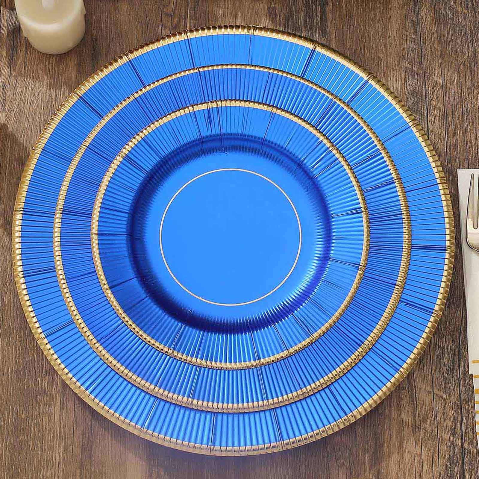 25-Pack Paper 8 Round Dessert Plates in Royal Blue Sunray Design with Gold Rim - Disposable Heavy Duty 350GSM Appetizer Salad Plates