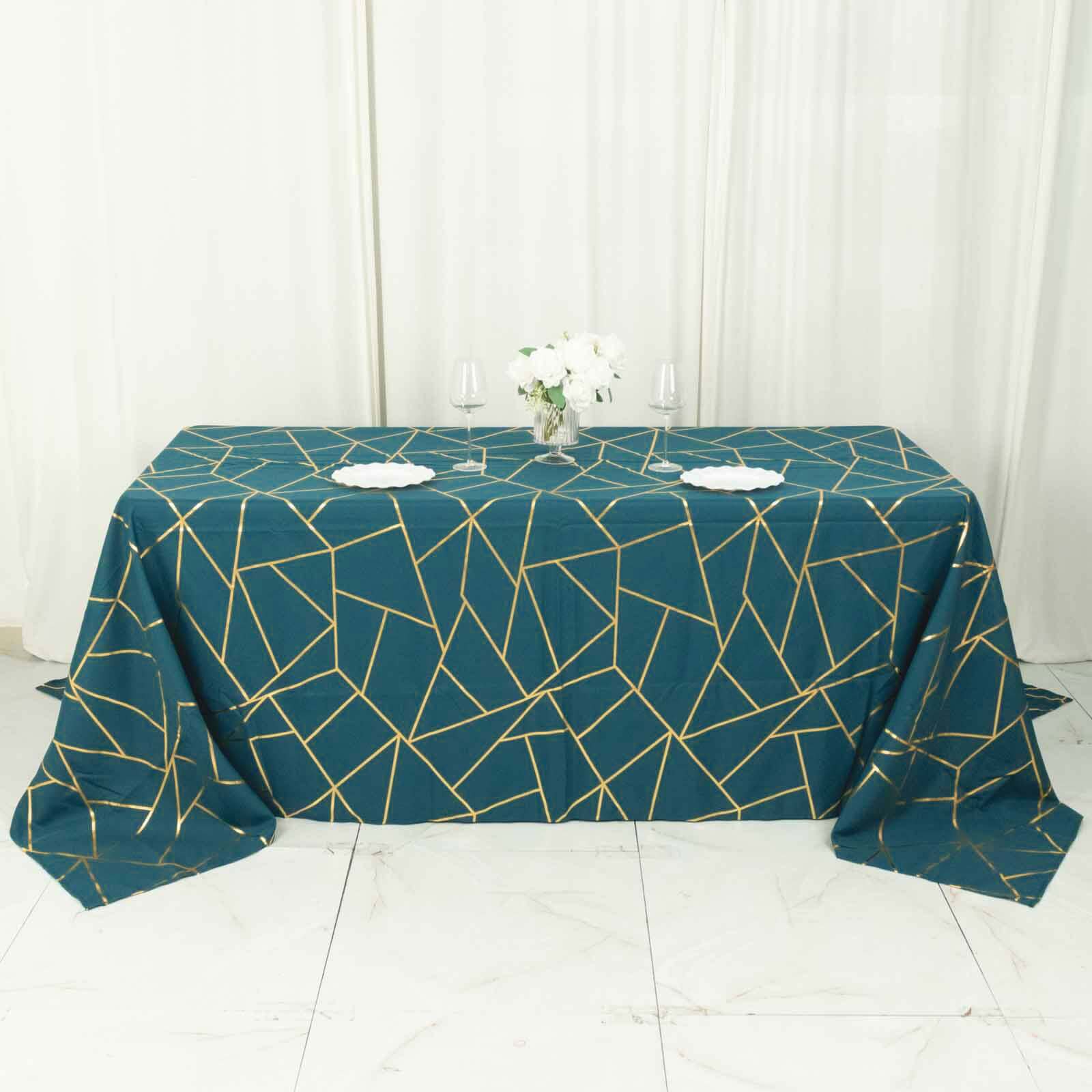 90x132 Peacock Teal Seamless Rectangle Polyester Tablecloth With Gold Foil Geometric Pattern for 6 Foot Table With Floor-Length Drop