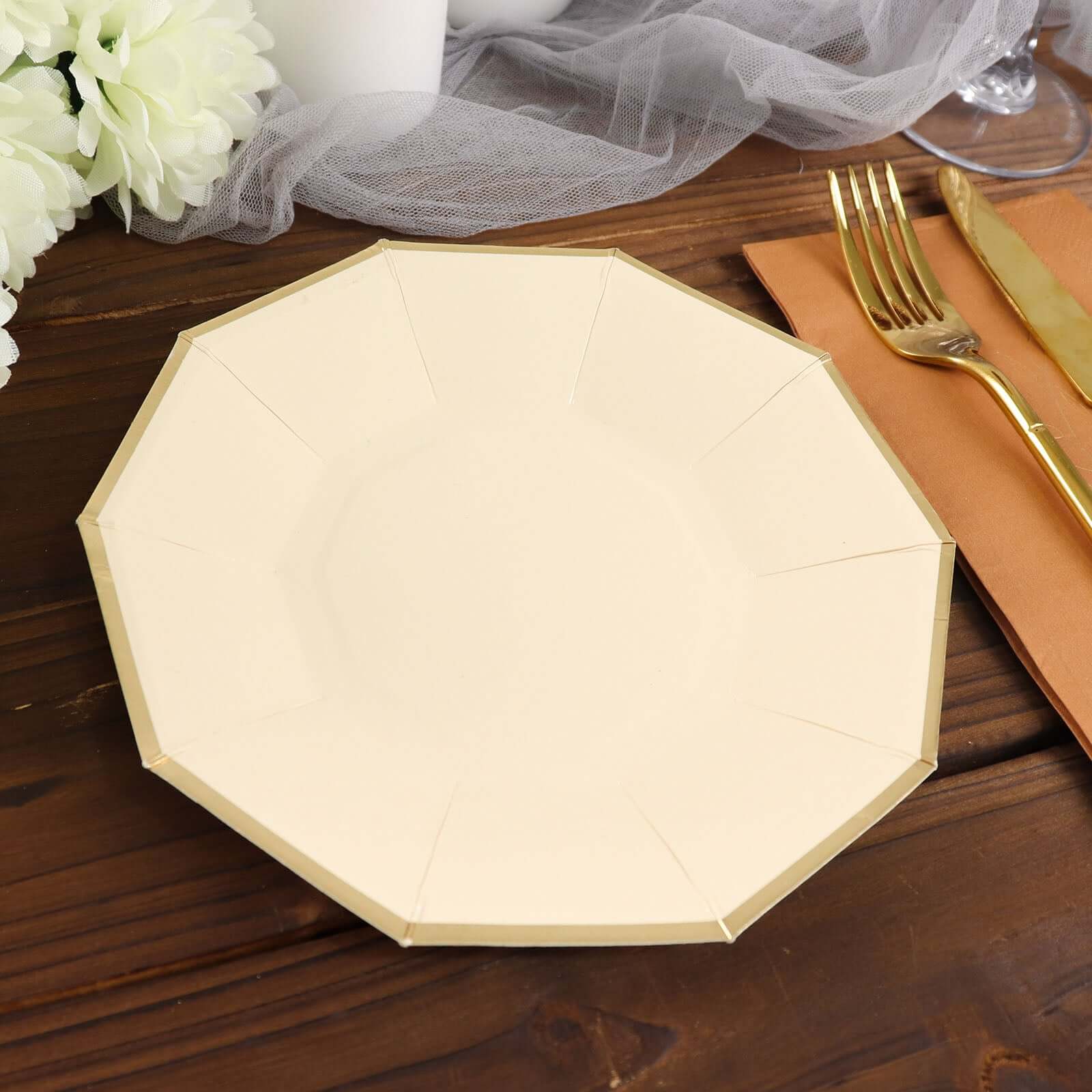 25-Pack Paper 7 Decagon Appetizer Plates in Beige with Gold Foil Rim - Stylish Geometric Dessert/Salad Plates for Cocktail Parties & Receptions