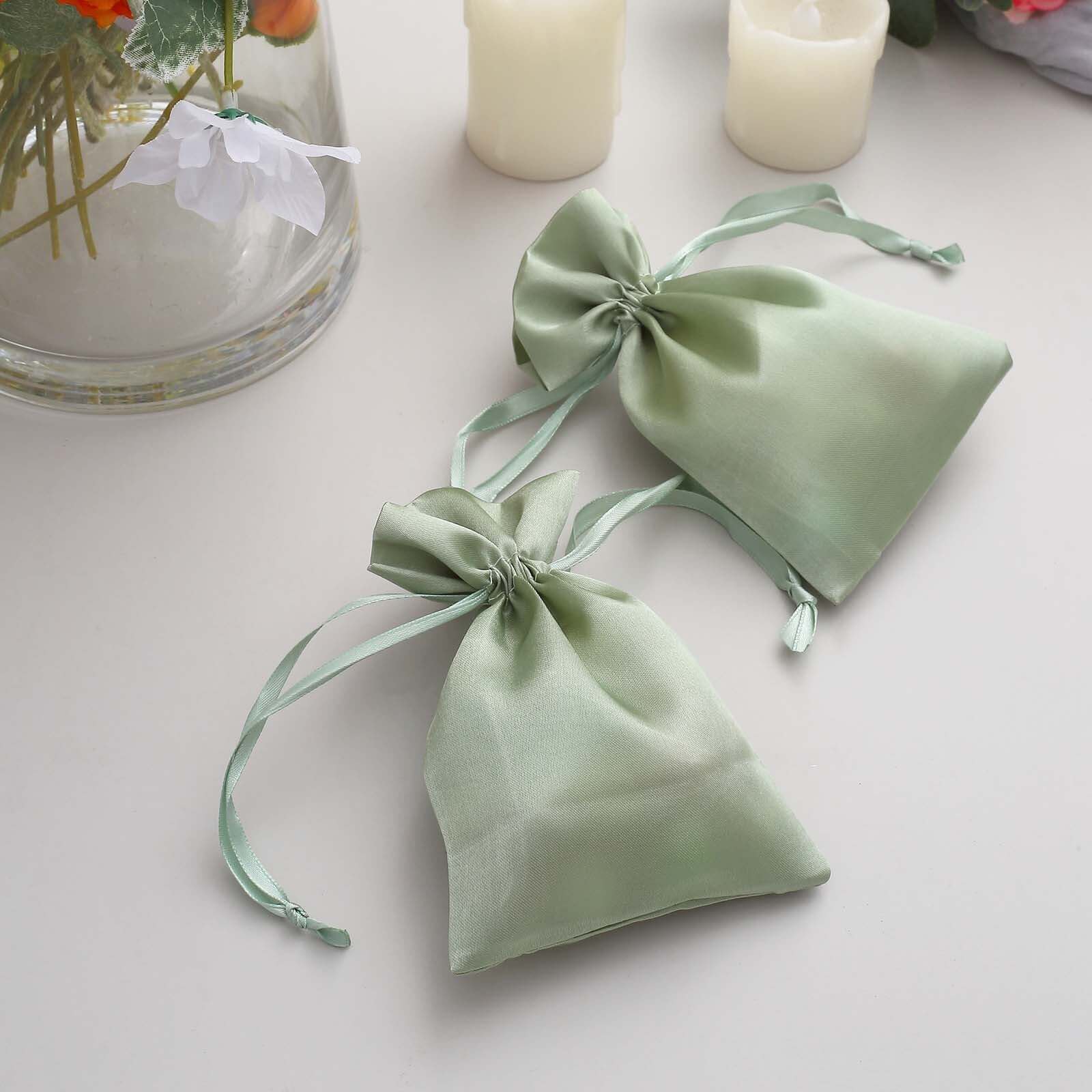 12 Pack 4x6 Sage Green Satin Drawstring Wedding Party Favor Gift Bags